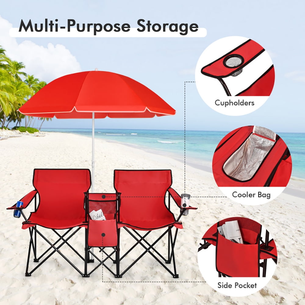 Canddidliike Portable Folding Picnic Double Chair With Umbrella-Red,Portable Double Folding Chair For Beach,Camping - Image 7