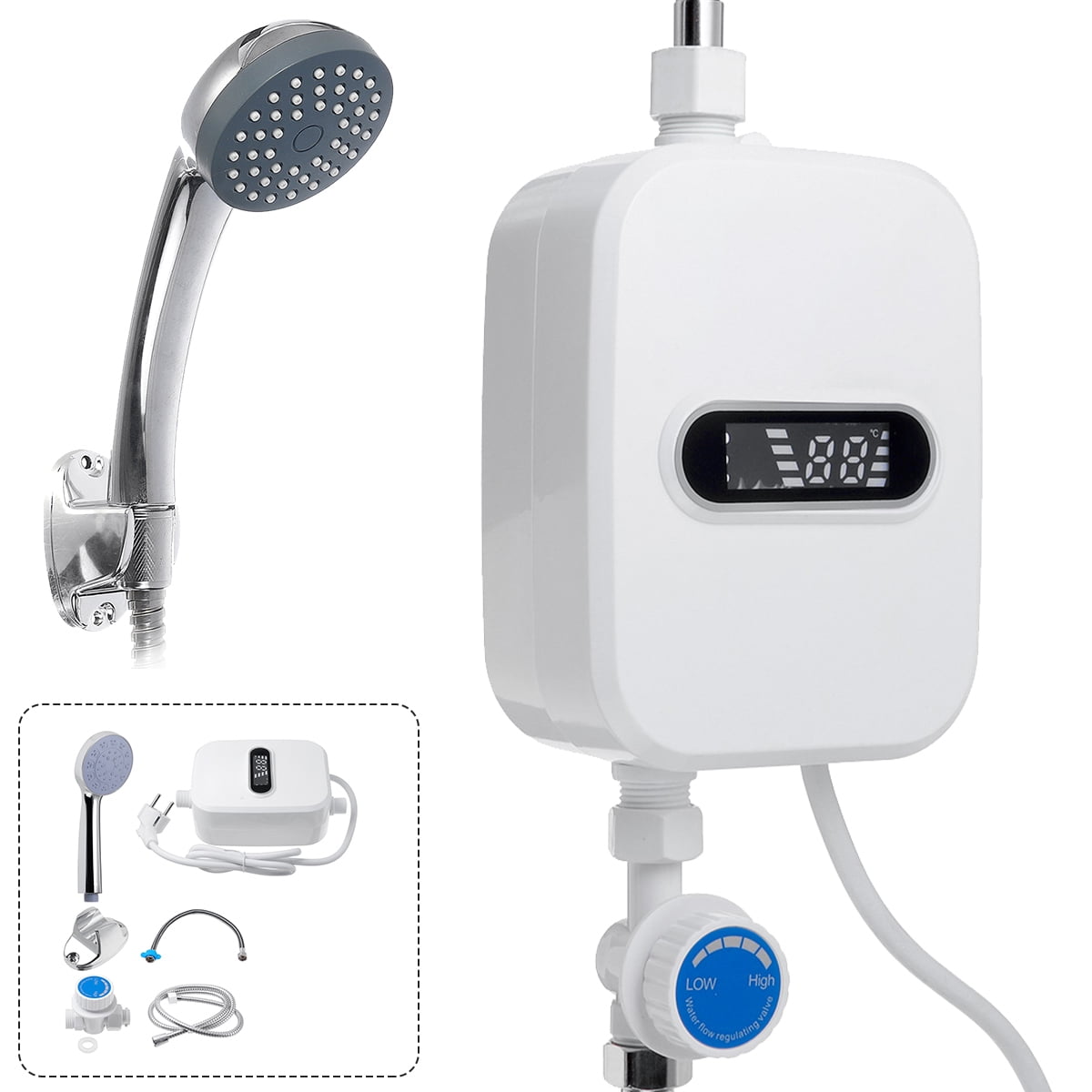 3500W Electric Tankless Water Heater Shower Head Set, Instant Hot Water Heater LCD Display, White - Image 7