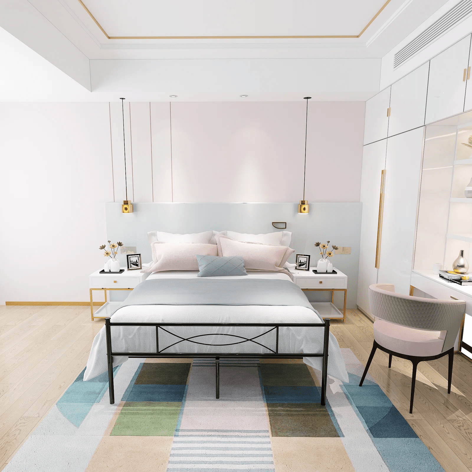 Yoneston Queen Size Metal Bed Bedroom Mattress Platform Foundation with Headboard - Image 7