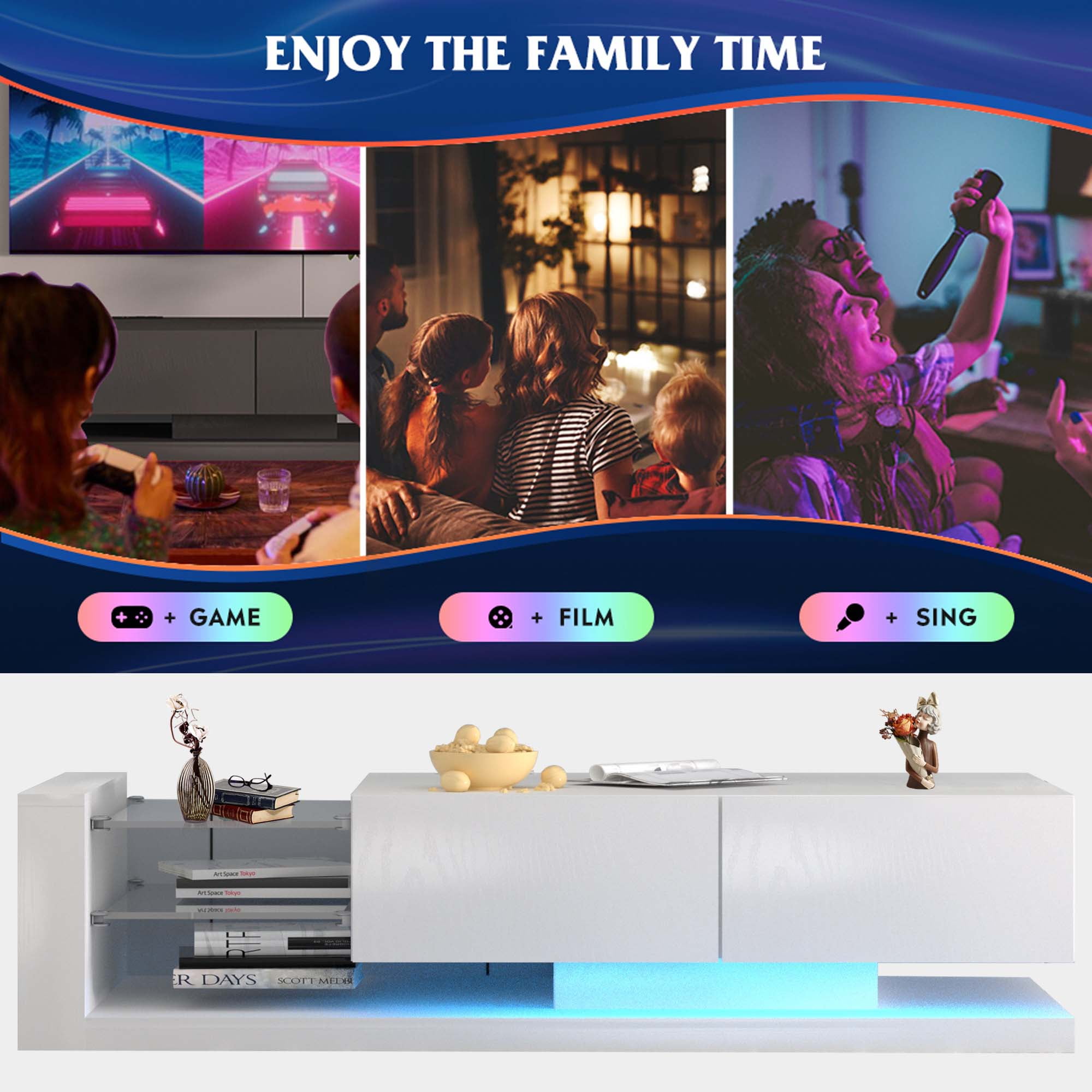 Aukfa Modern TV Stand for TVs up to 75", TV Console Table, LED Lights, Power Outlets - White - Image 5