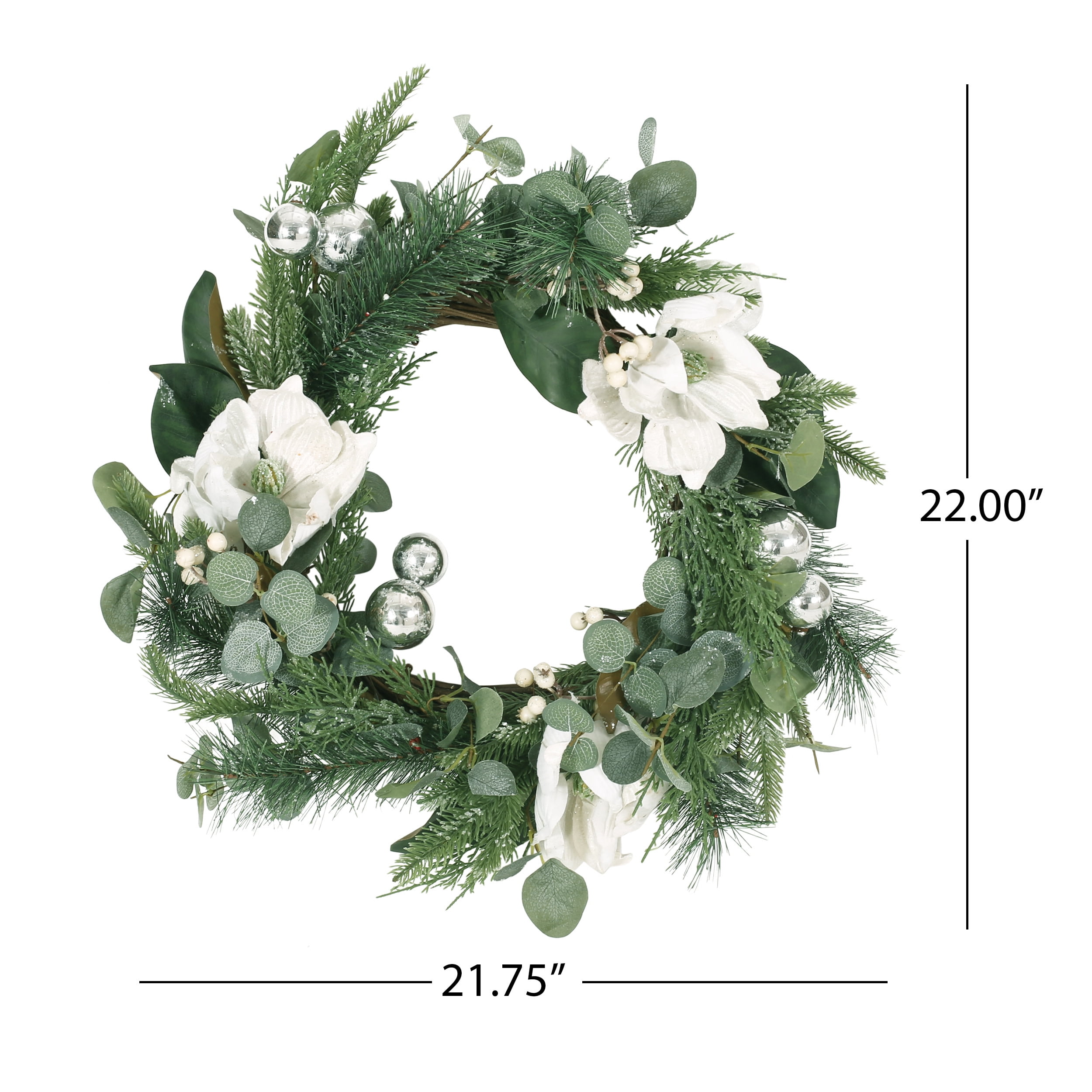 Noble House Torelli Artificial Eucalyptus and Pine Wreath with Magnolias, Green and White, 21.75" - Image 5