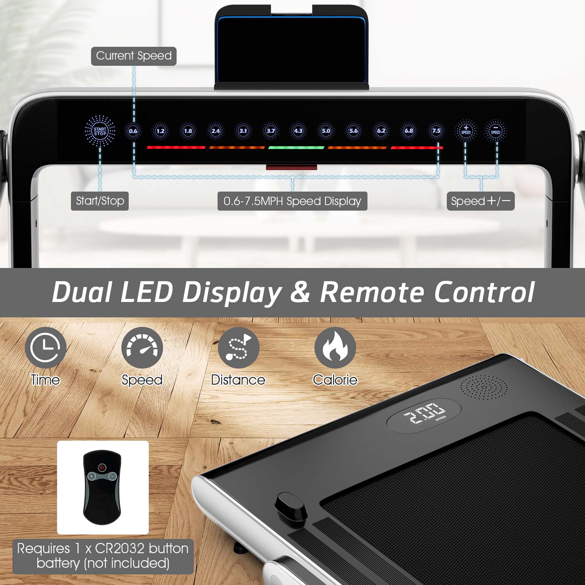 SuperFit Up To 7.5MPH 2.25HP 2 in 1 Dual Display Screen Treadmill Jogging Machine W/APP Control Silver - Image 6