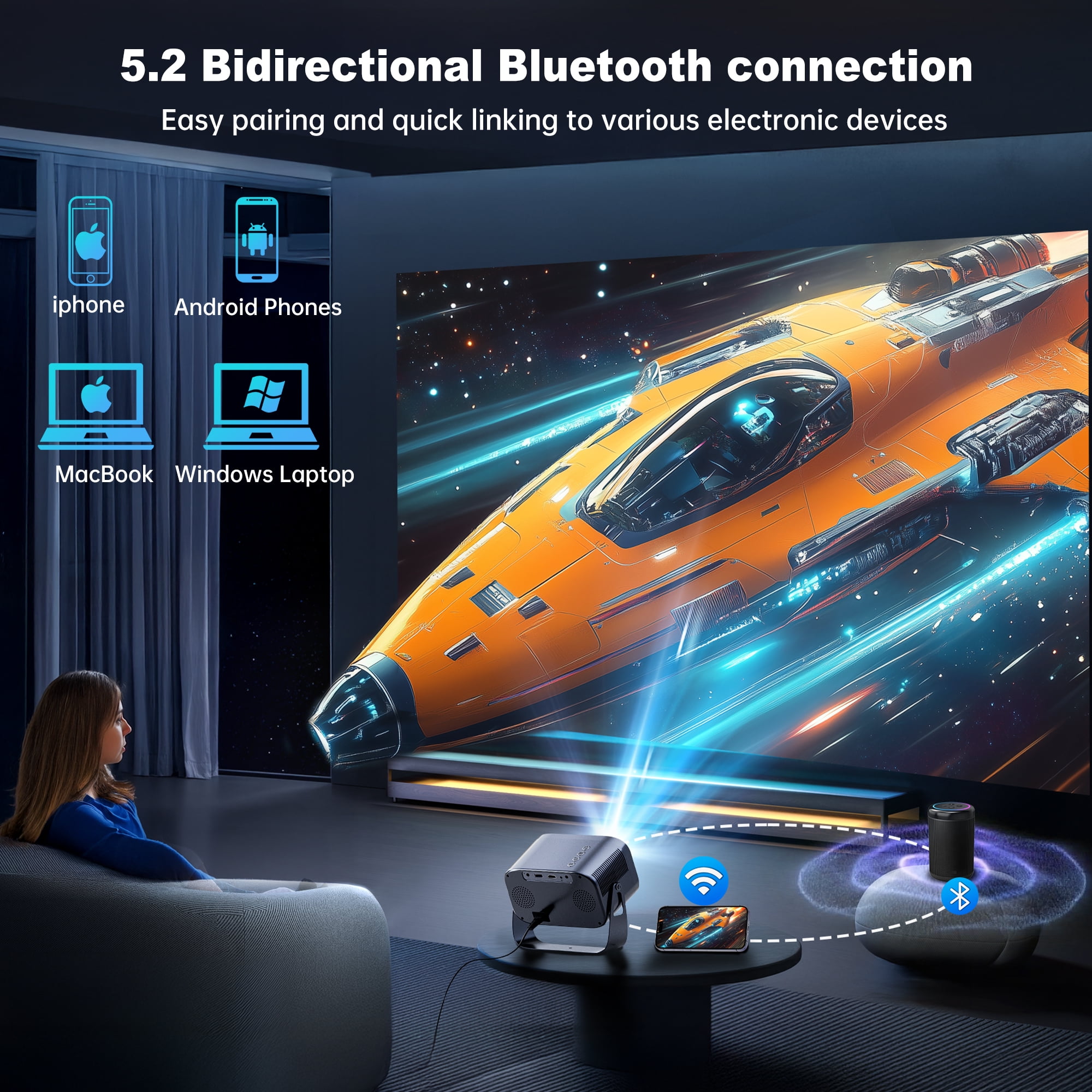 LOSEI Projector Supports 4K resolution Smart Projector Auto Keystone Correction Portable Projector with iOS/Android black - Image 8