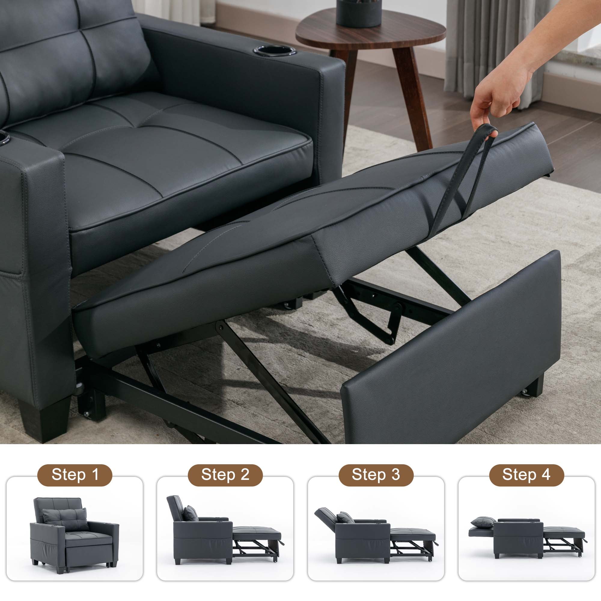Aukfa Futon Convertible Sleeper Sofa Chair with USB Ports Cup Holders for Living Room, Dark Gray - Image 4