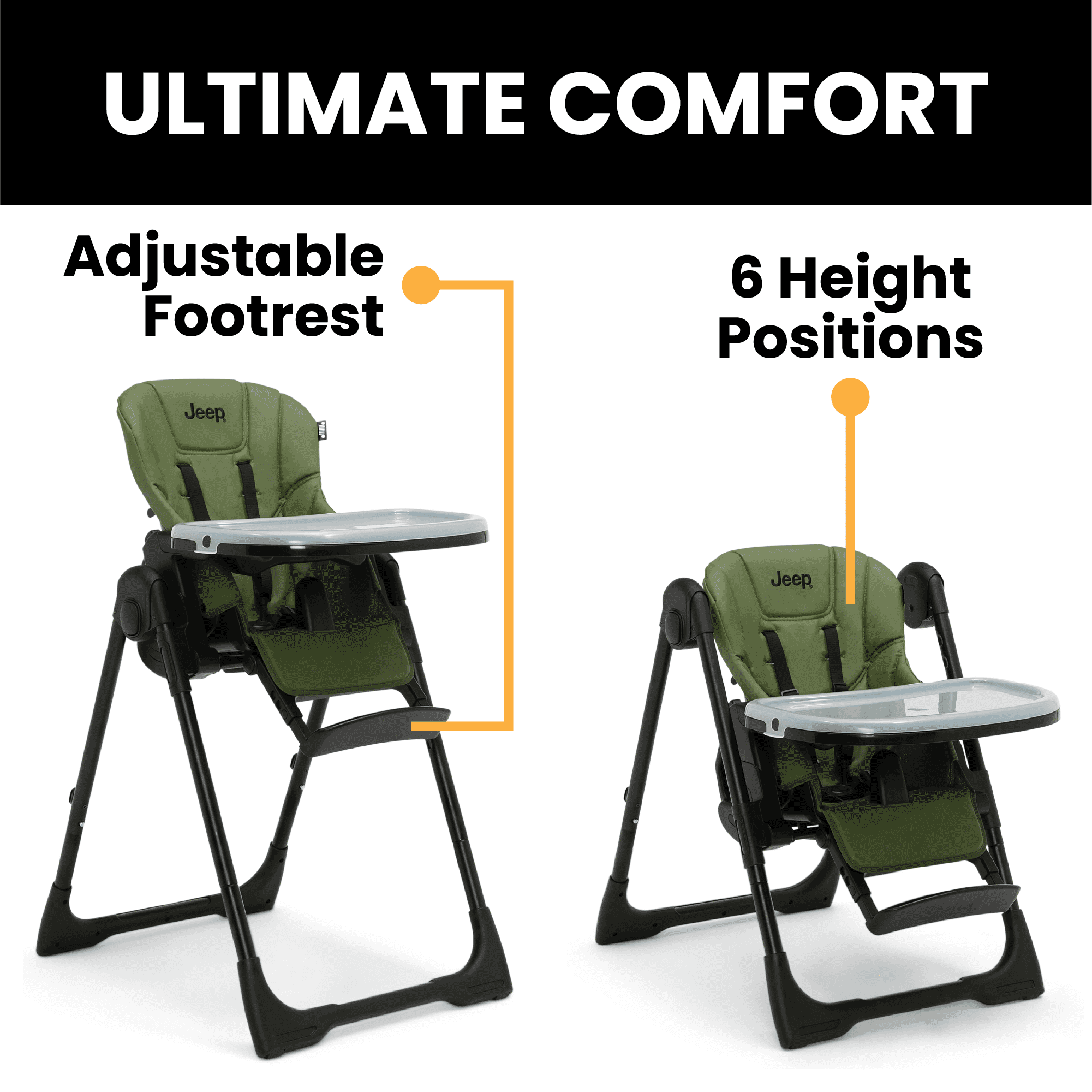 Jeep by Delta Children Classic Convertible 2-in-1 High Chair for Babies and Toddlers with Adjustable Height, Recline & Footrest - Dishwasher Safe Meal Tray, Olive Green - Image 9