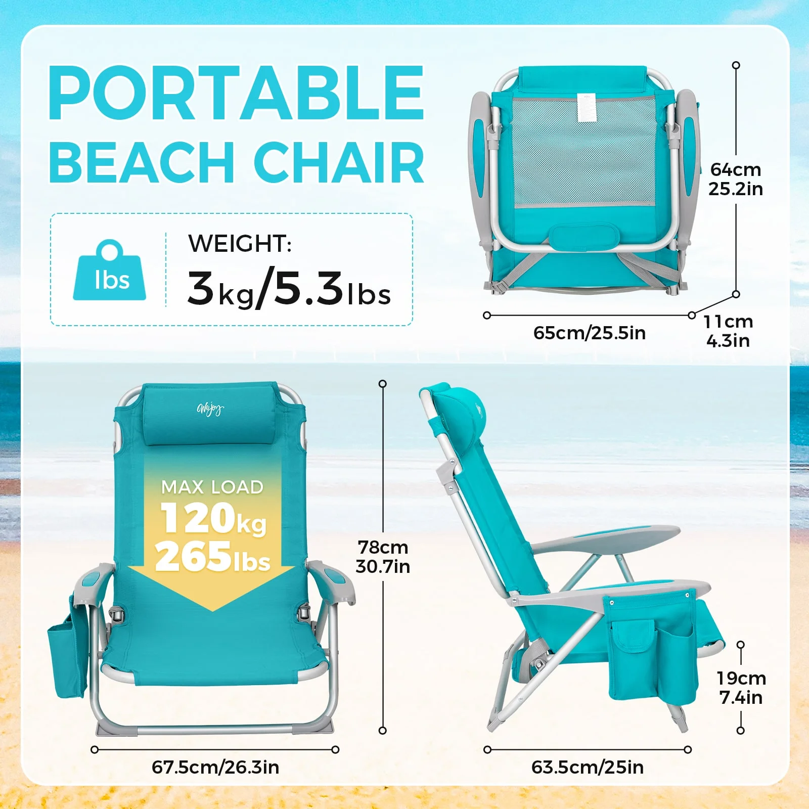 #WEJOY 2PCS Backpack Beach Chair, 4-Position Adjustable Folding Chair, Aluminum Folding Beach Chair, Low Camping Chair for Adults with Headrest, Cup Holder, Towel Rack, Max Load 265 lbs - Image 4