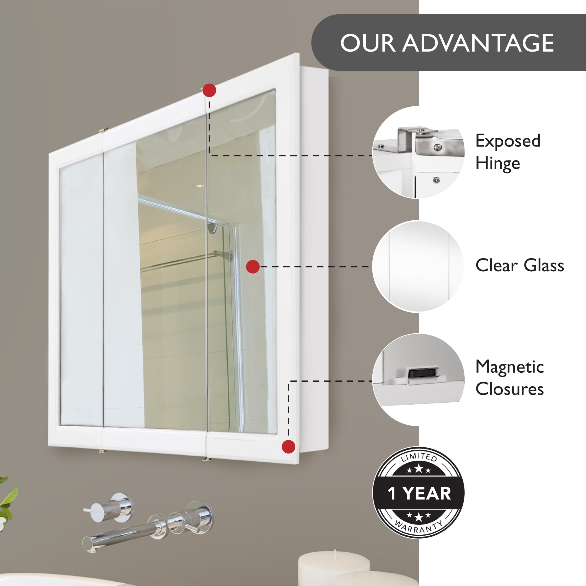 Design House 30" Wood Wall Mounted Mirrored Tri-View Bathroom Medicine Cabinet, White - Image 5