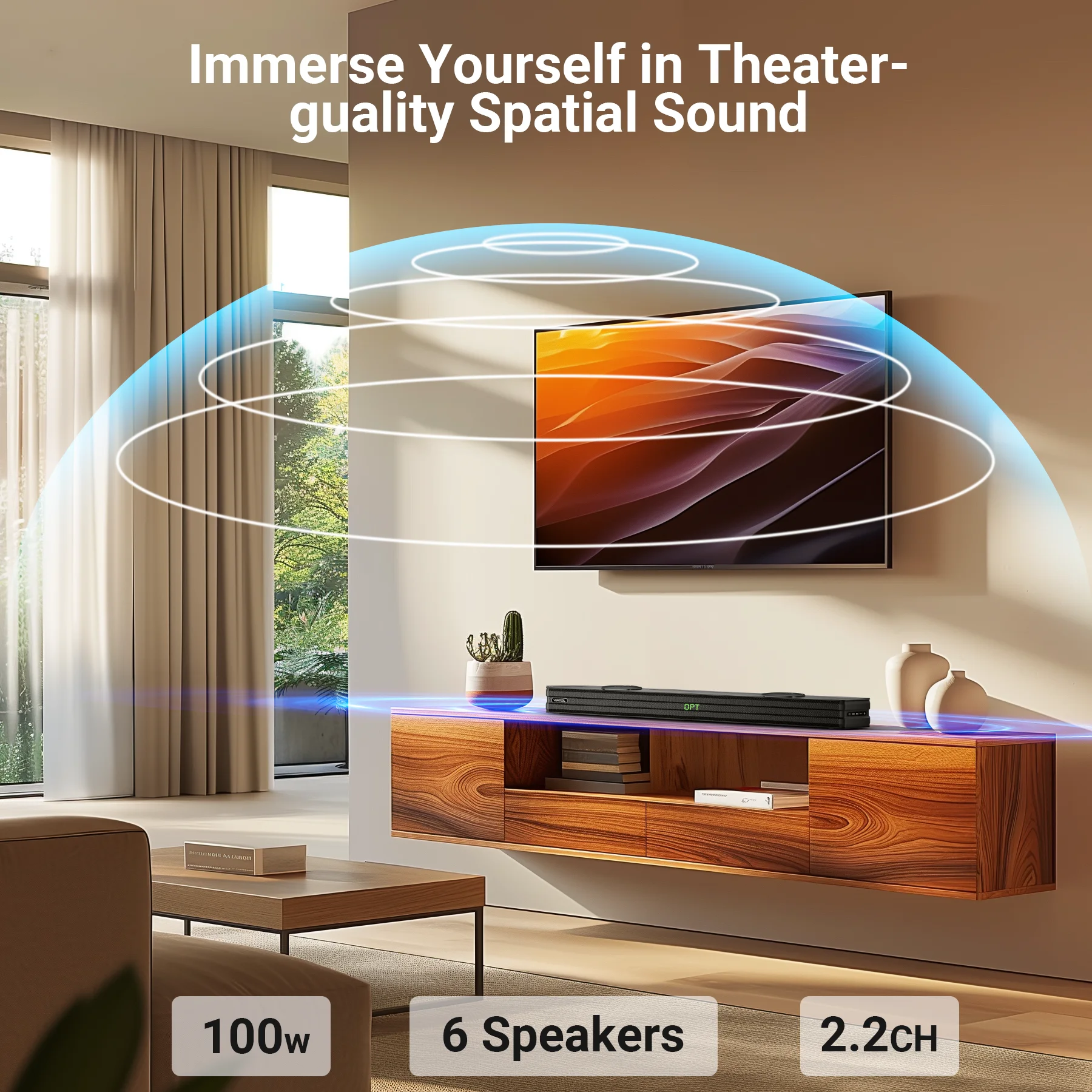 VEAT00L S50L 100W 2.2ch Sound Bars for TV, Soundbar with Subwoofer, Wired & Wireless Bluetooth 5.0 3D Surround Speakers, Optical/HDMI/AUX/COAX/USB Connection, Wall Mountable - Image 8