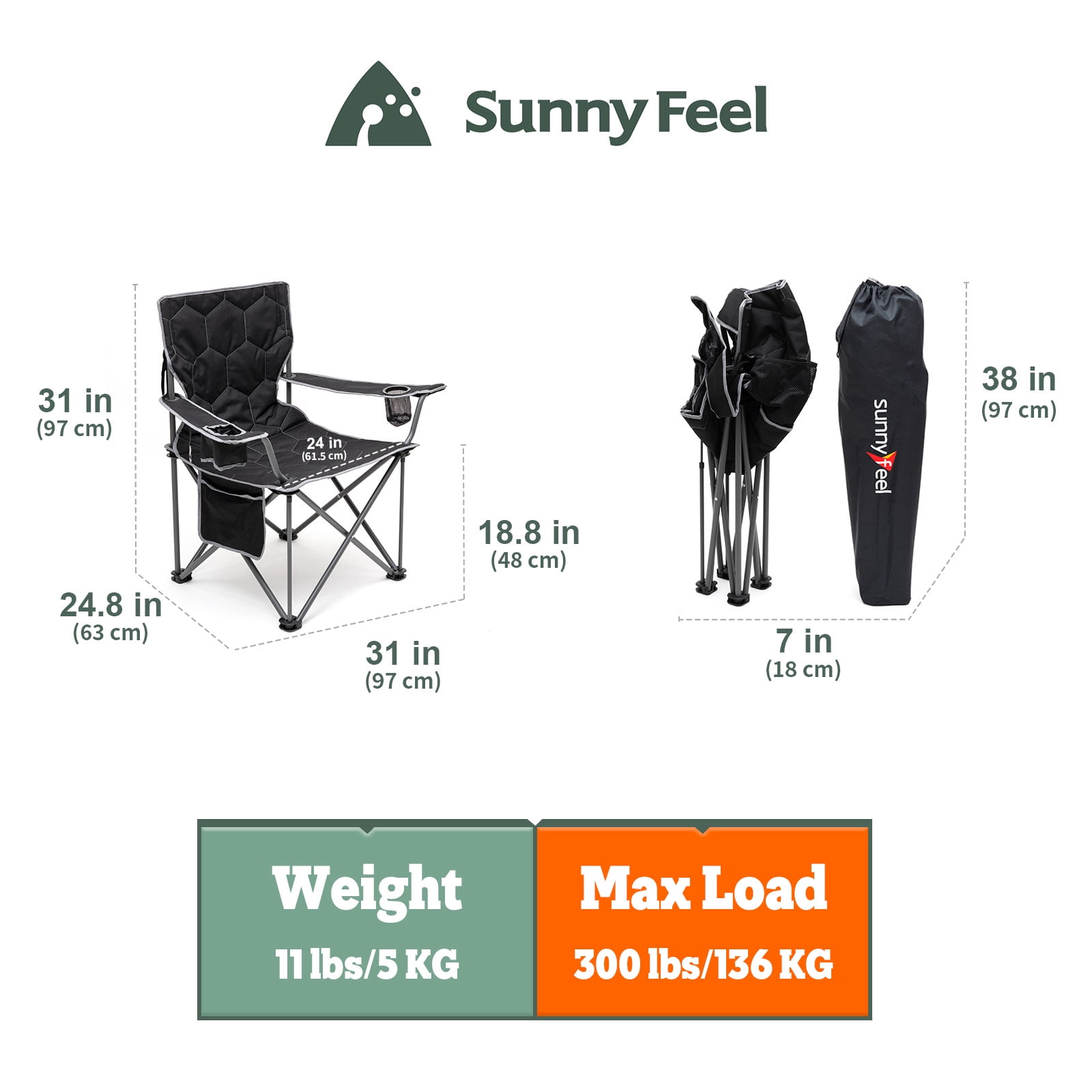 Sunnyfeel Oversized Foldable Camping Chair with Armrest and Cup Holder, Portable and Durable, Extra Wide, Black - Image 6