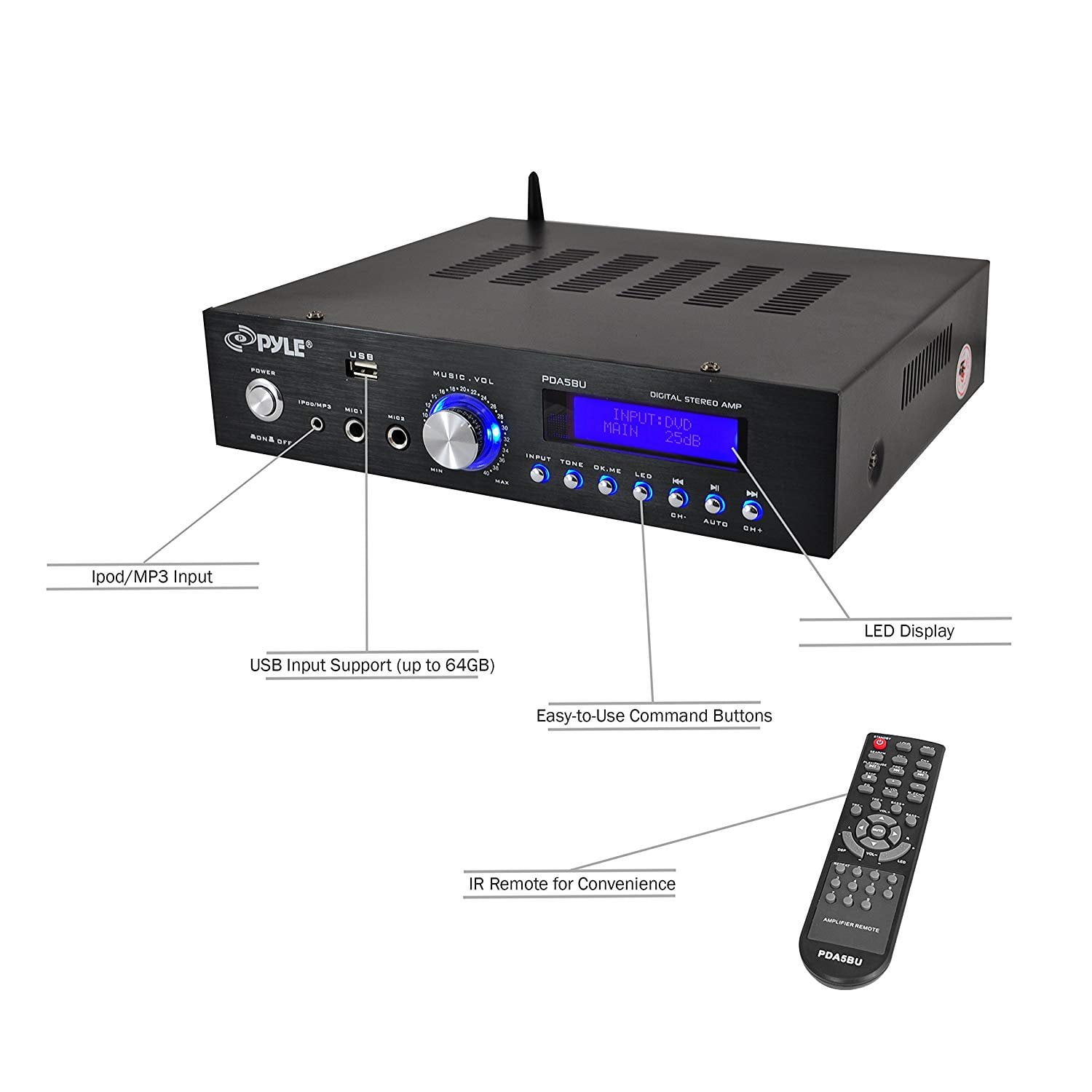 Pyle PDA5BU.0 Compact 200 Watt Bluetooth Home Stereo Amplifier Receiver System - Image 7