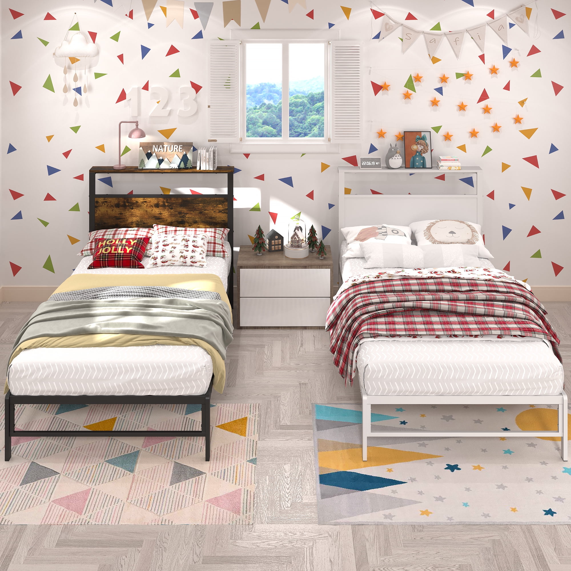 Yoneston Kids Twin Size Metal Platform Bed Frame with Storage Headboard, 12" Mattress Foundation for Childs Adults, Caramel Brown - Image 11