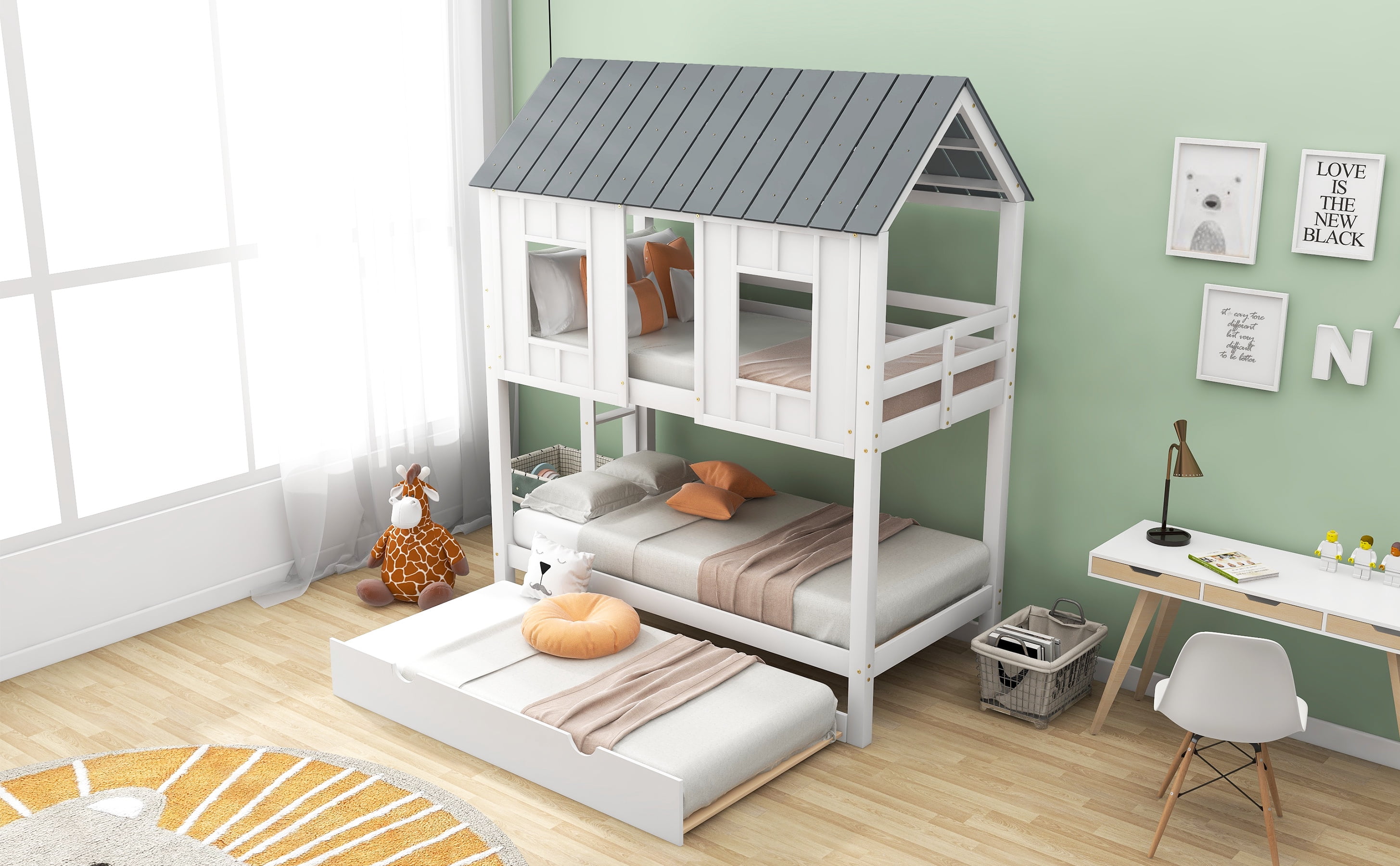 EUROCO Twin Size House Bunk Bed with Roof and Trundle for Kids Teens Bedroom, White - Image 2