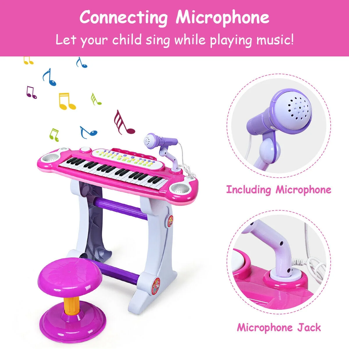 Costway 37 Key Electronic Keyboard Kids Toy Piano MP3 Input with Microphone and Stool Pink - Image 3