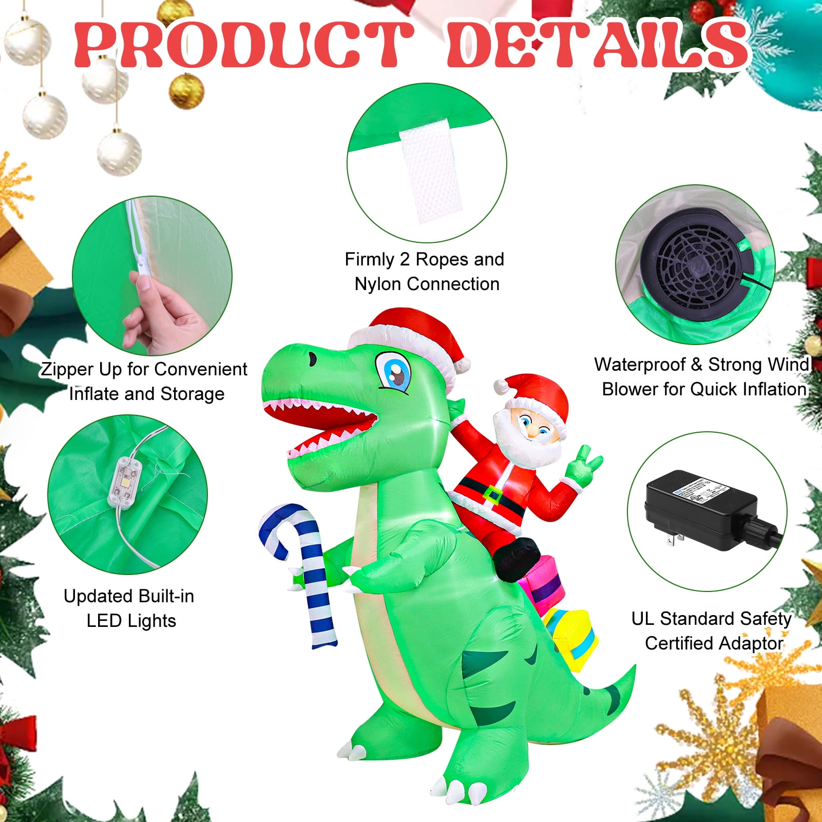 HEQUSIGNS Christmas Inflatable Santa Dinosaur Decoration, 7 FT Giant Blow Up LED Light Up Inflate Santa Dinosaurs Decor for Christmas Indoor Outdoor Yard Garden Party Decorations - Image 6