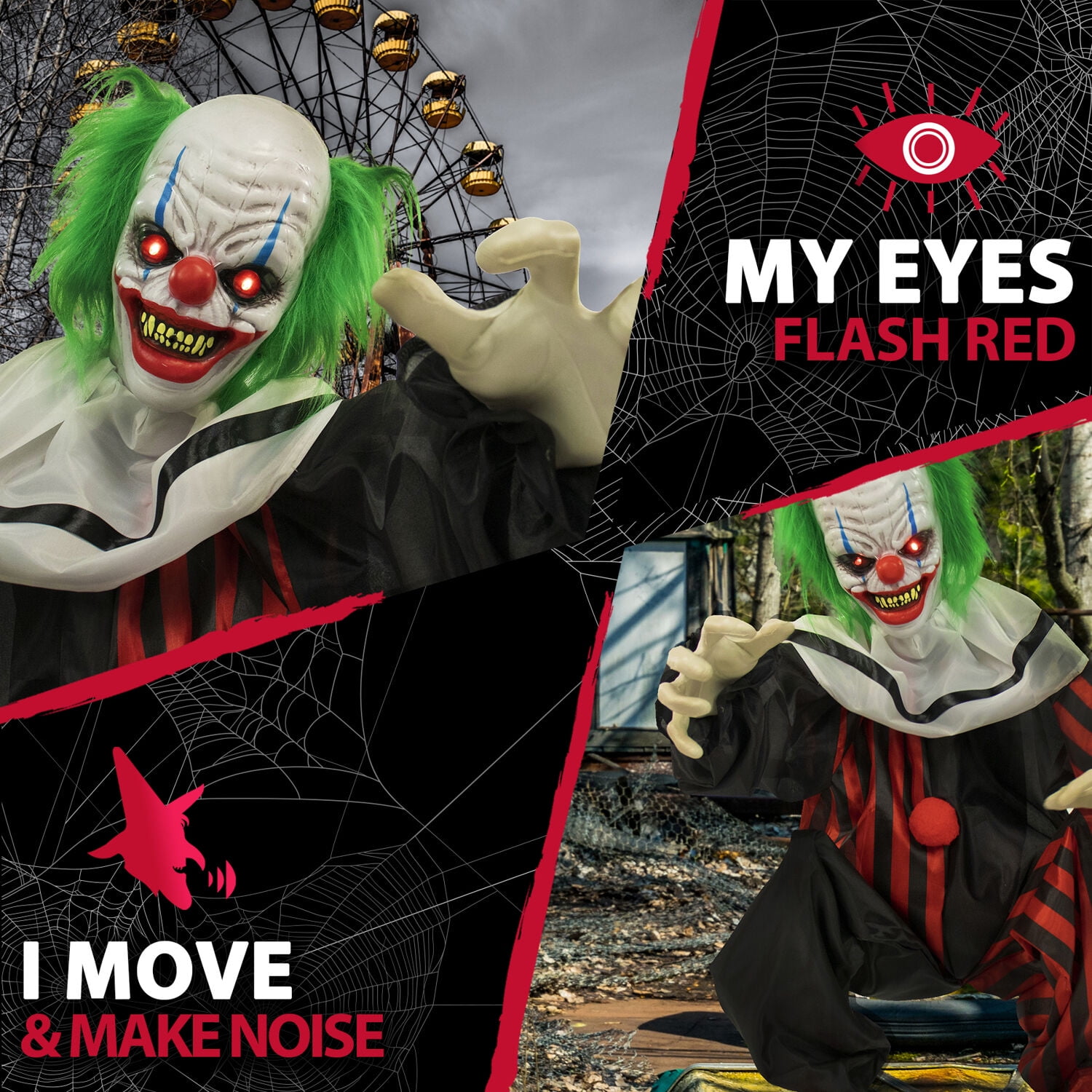 Haunted Hill Farm 32 in Life Size Animatronic Crouching Clown with Lights and Sound, Indoor or Covered Outdoor Halloween Decoration, HHCLOWN-12FLSA - Image 7