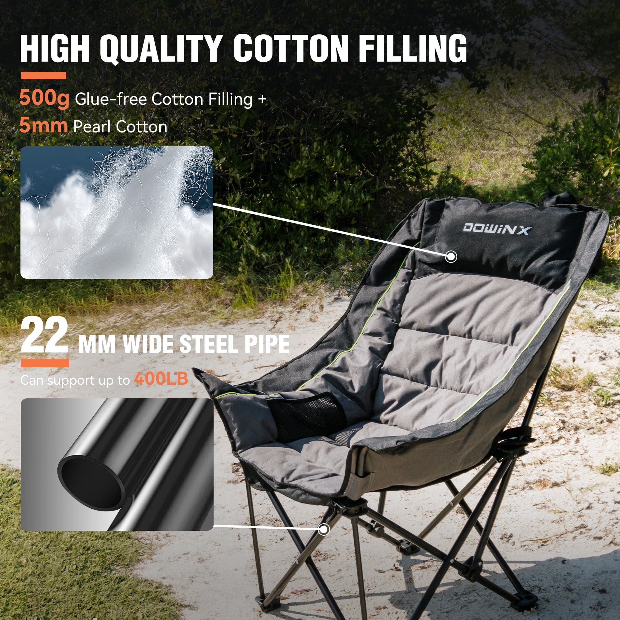 Dowinx Oversized Extra Large Camping Chair for Adults, Lawn Chairs, Folding, 3 Levels Adjustable Padded Camping Chair, Heavy-Duty 600D Oxford Cloth, with Cup Holder, 400 LBS, Black and Grey - Image 3