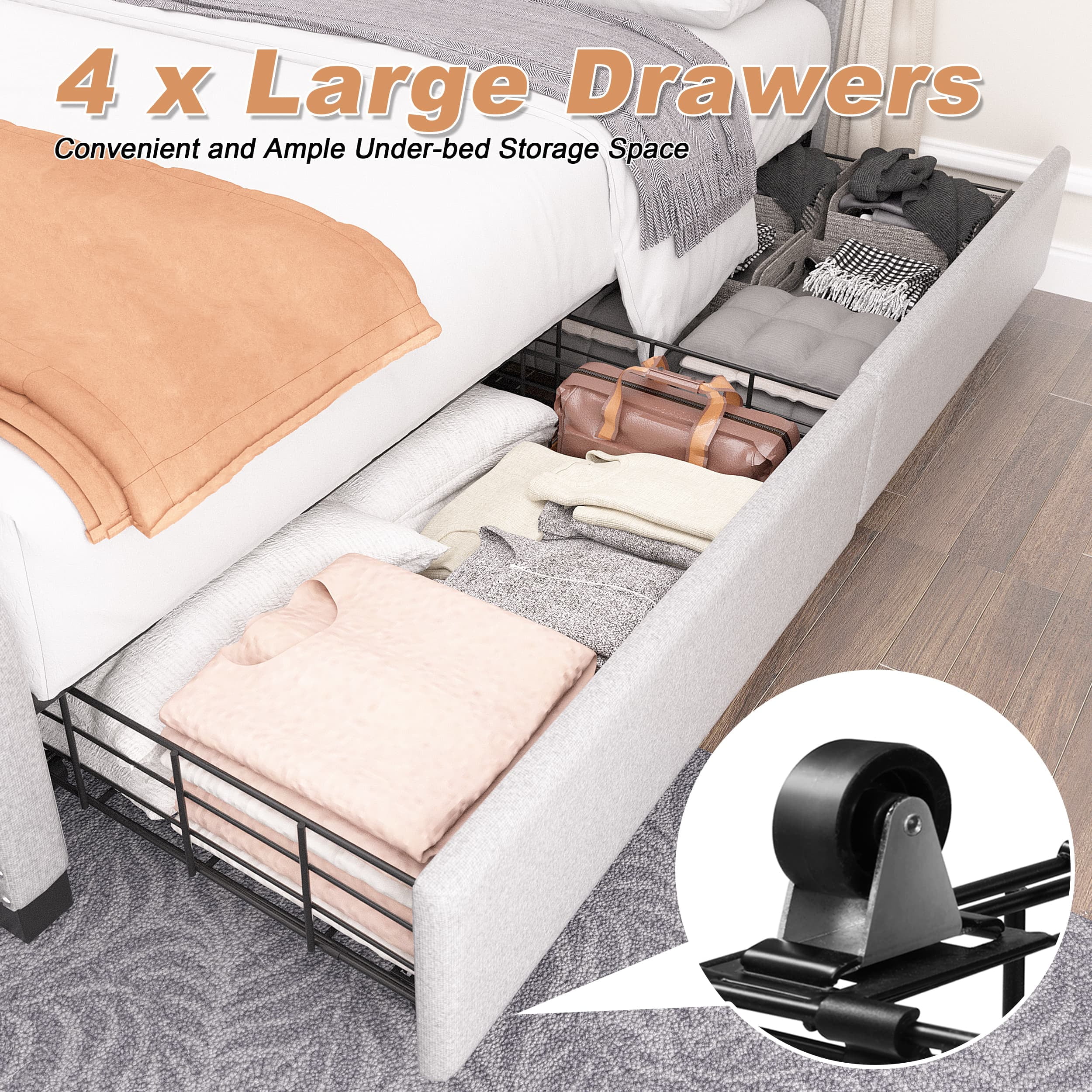 TrumanPick Queen Size 4 Drawers Bed Frame with Adjustable Upholstered Button Headboard, Adult, Grey - Image 5