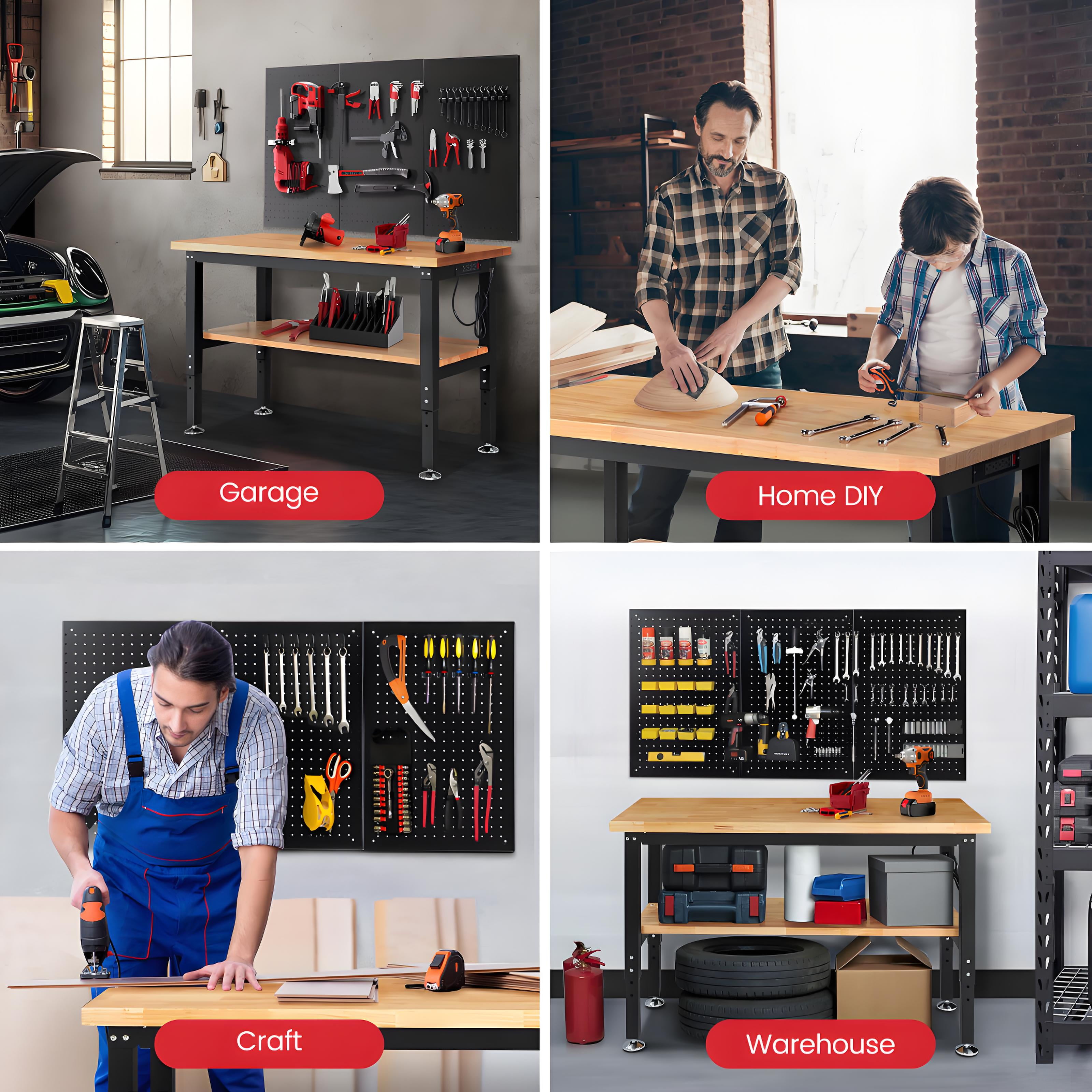 Workbench for Garage,ENJOYWOOD Heavy-Duty 48 inch 2 Tier Wood Work Bench with Storage Pegboards,Rubber Mat,Power Outlets, Rubber Wood Tabletop 2000 LBS Load Bearing Workstation Garage Desk Work Table - Image 6