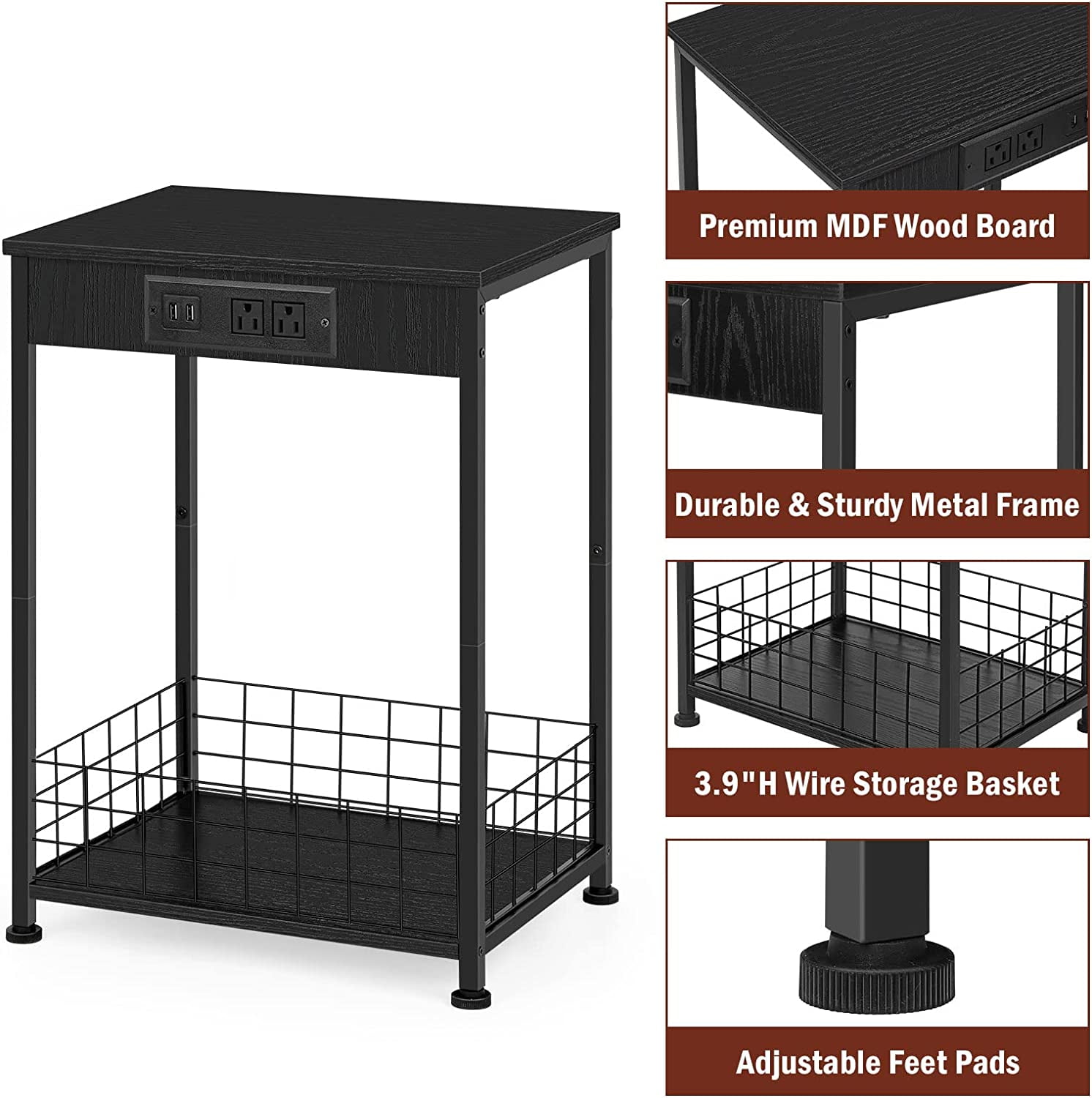 2 Tier Nightstands End Tables with Charging Station and Storage Basket Set of 2, Black - Image 6