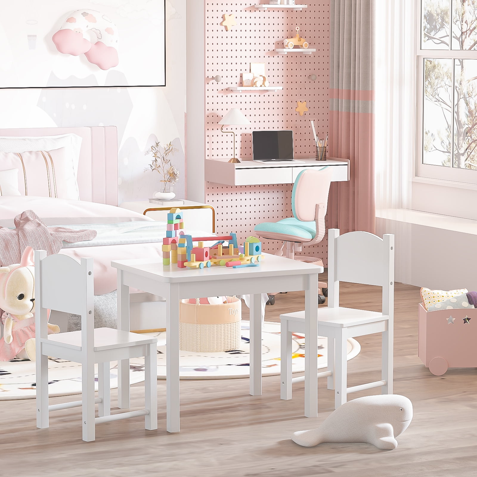 Yoneston Kids Table and 2 Chairs Set, Ideal for Arts & Crafts, Snack Time, Homeschooling, Homework & More, White - Image 4