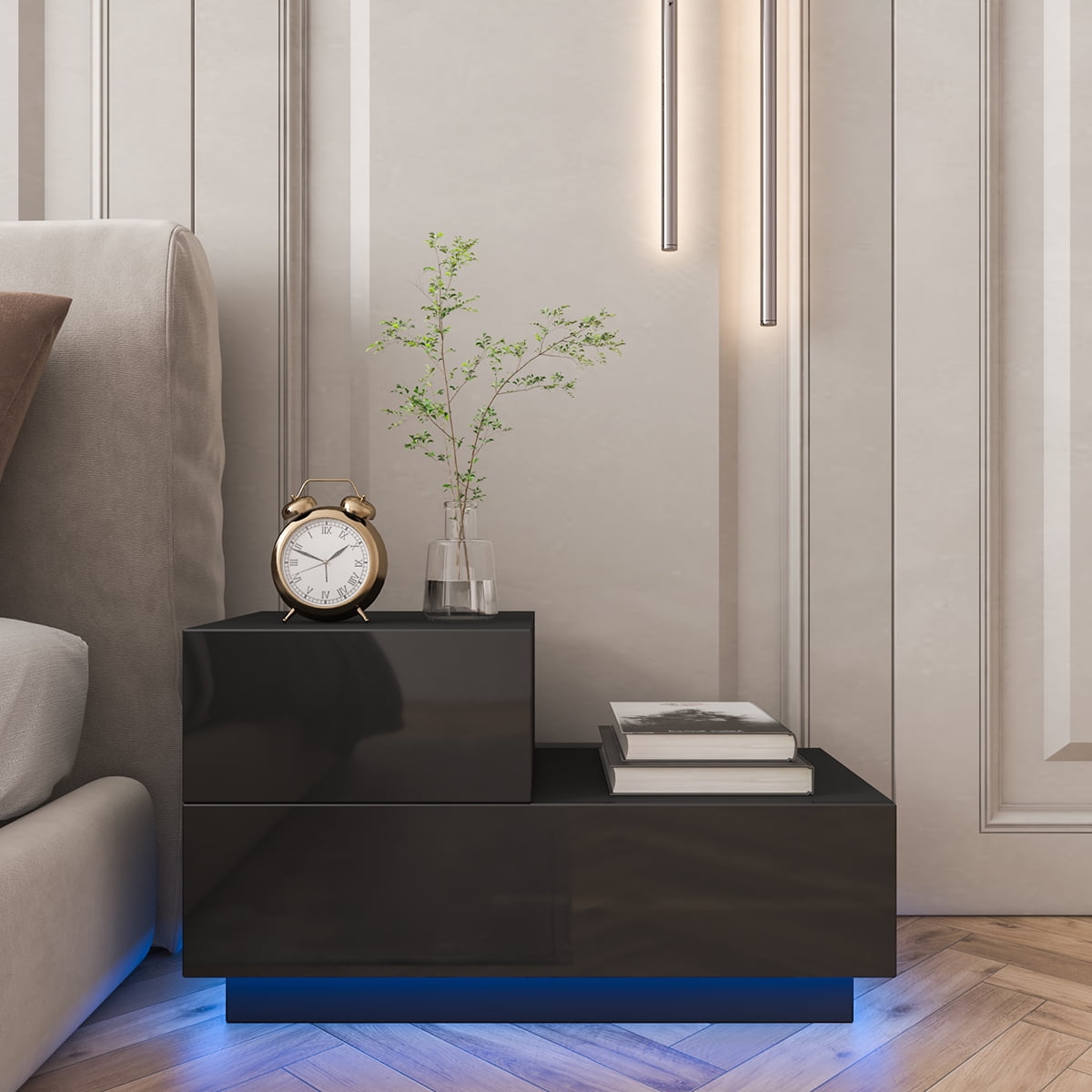 2 Drawers Nightstand W/RGB 20 LED Light Mode, Modern Home Furniture Decor - High Gloss White Black - Image 7