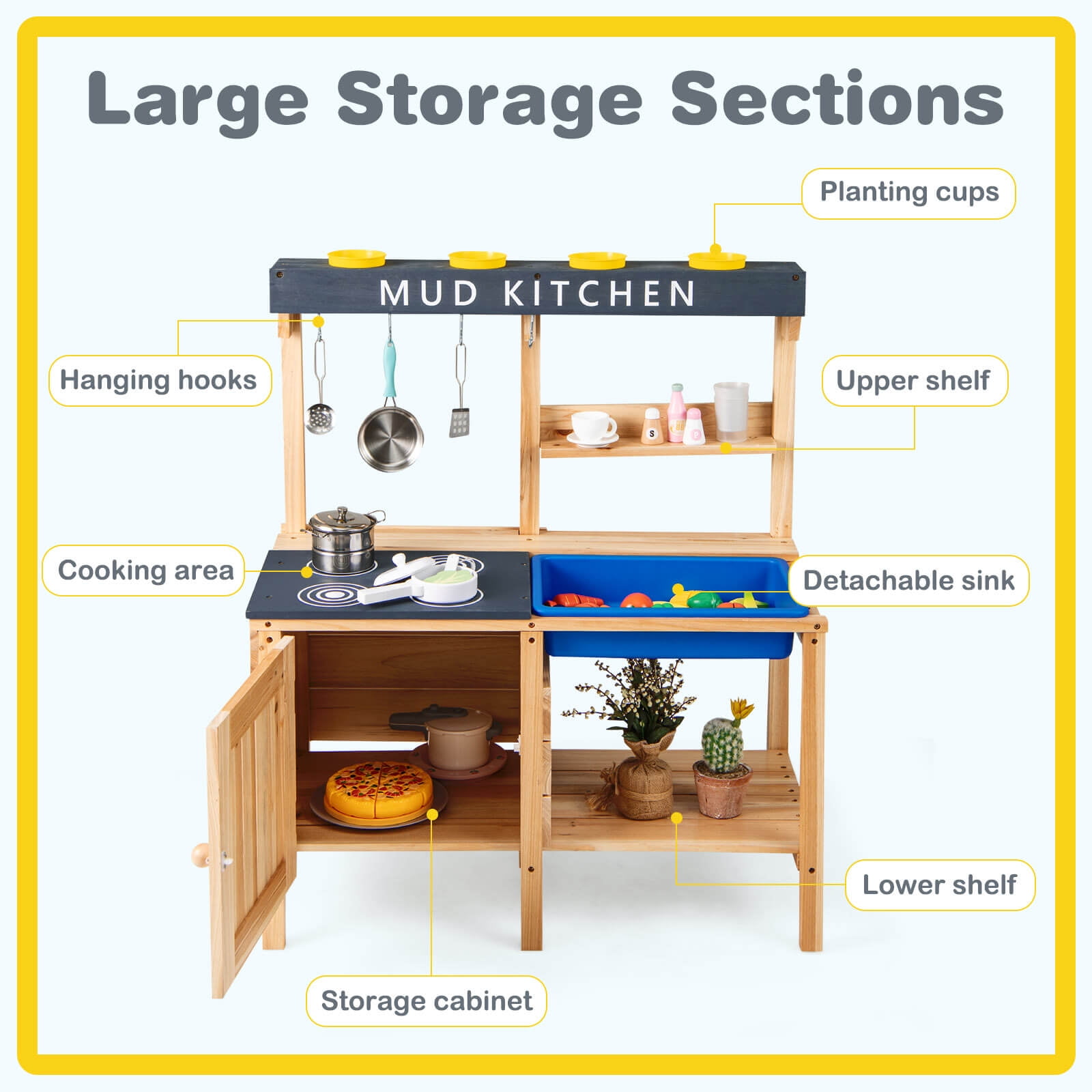 Costway Kids Kitchen Playset Wooden Outdoor Mud Kitchen Pretend Play Toy W/ Kitchenware - Image 4