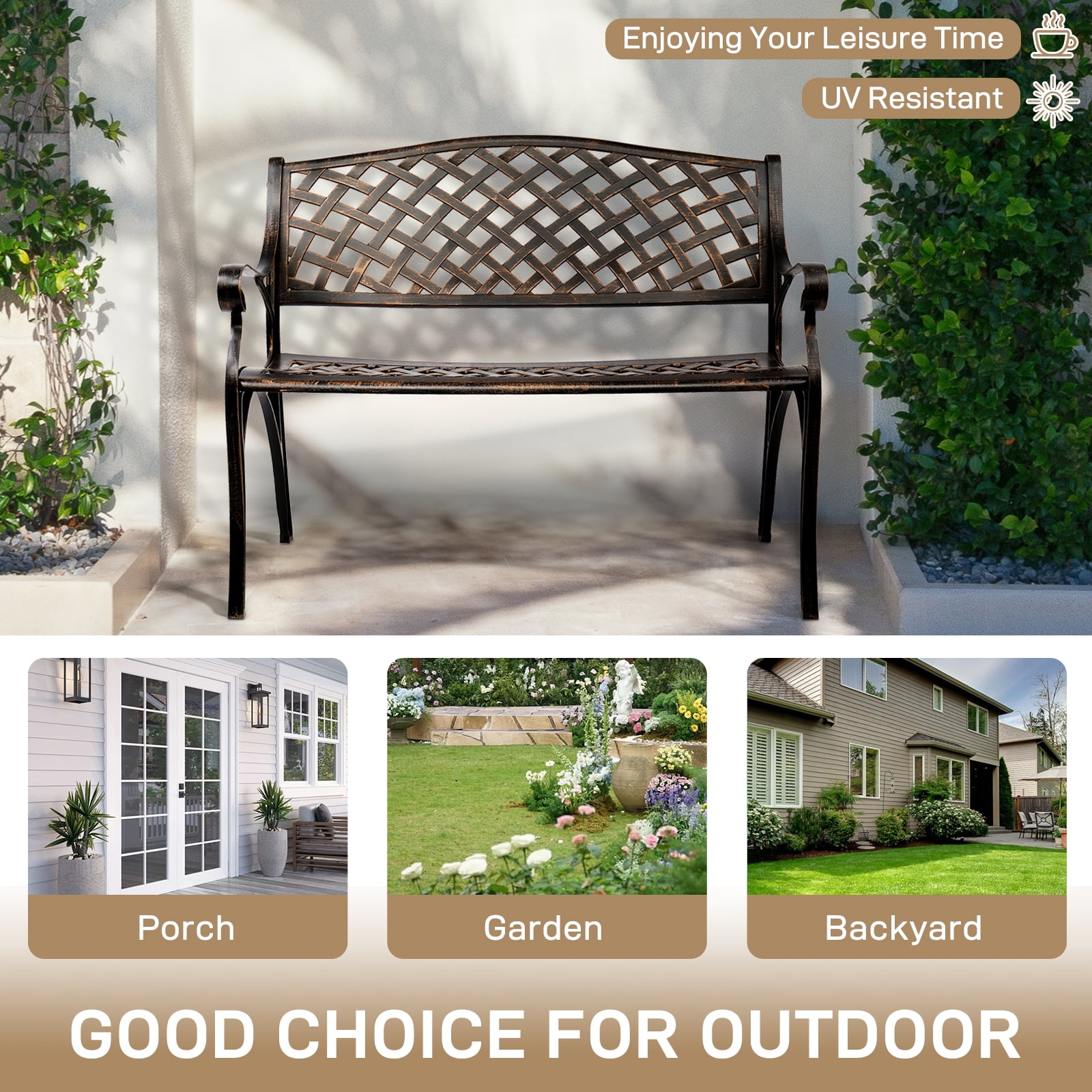 Zimtown 40.5" Aluminum Garden Bench with Armrests for Outdoor, Patio, Bronze - Image 9