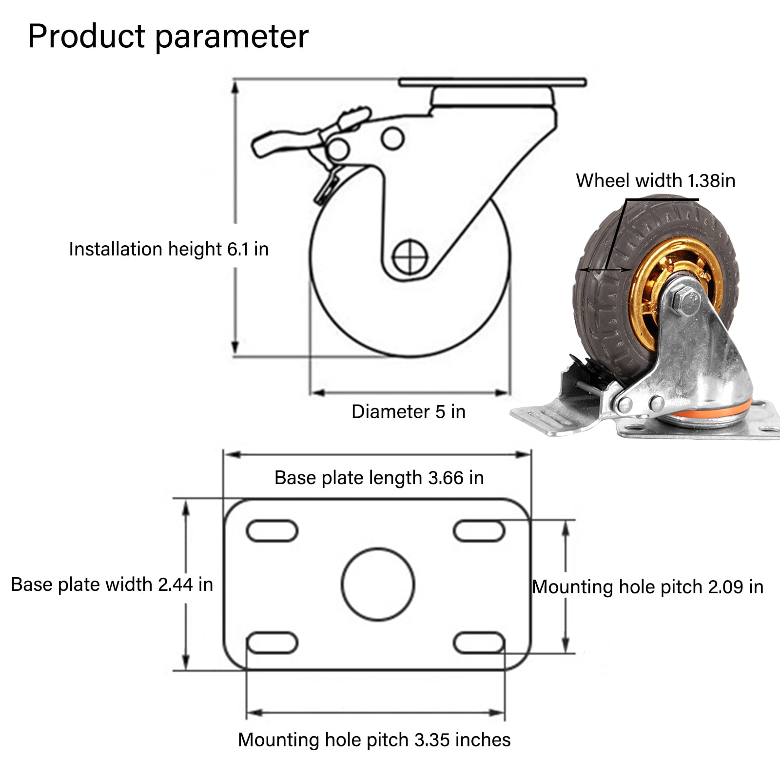 Ycvsad 5 inch Caster Wheels Heavy Duty casters Set of 4,Rubber Swivel Caster Quiet Anti-Skid with Brake 360 Degree Double Ball Bearing Castors(2PCS Fixed Caster Wheels 2PCS Swivel Casters with Brake) - Image 5