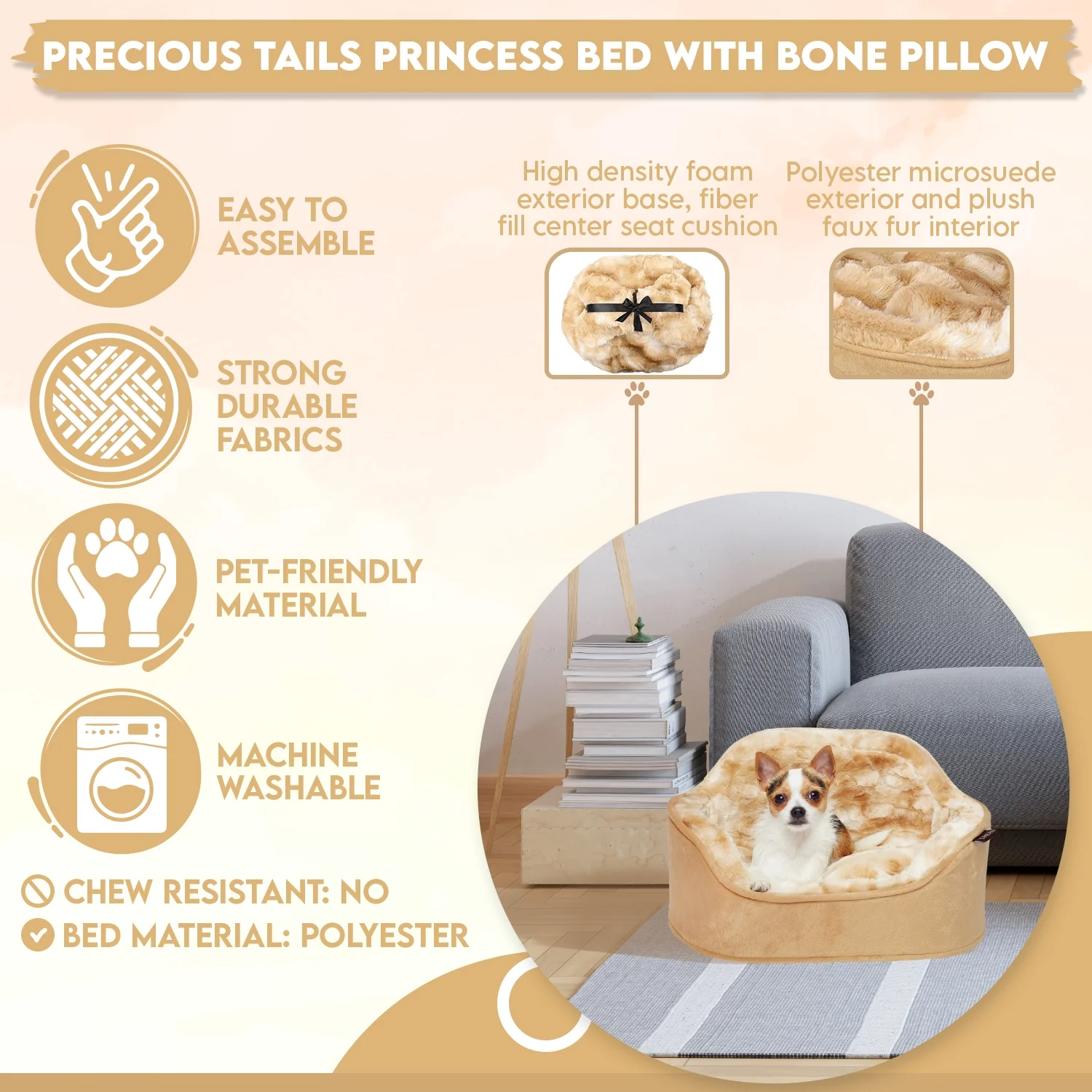 Precious Tails Faux Fur Princess Cat Dog Bed with Plush Bone Pillow – Small - Image 8