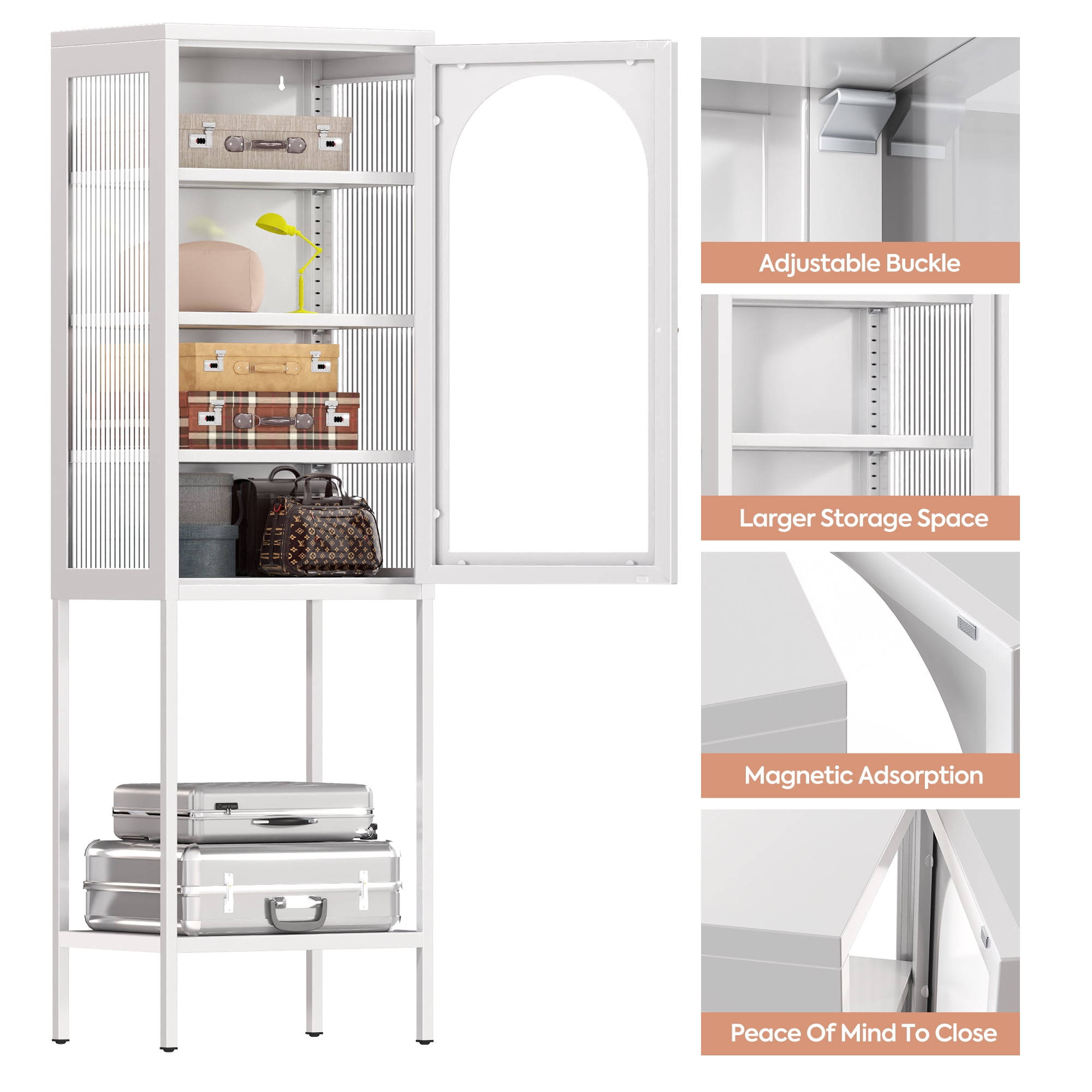 Aobabo Metal File Cabinet, White Display Glass Storage Cabinet with Glass Doors and 3 Shelves, Tall Bookcase Modern Bookshelf Cabinet for Home Office, Living Room, Pantry (Single Glass Door) - Image 3