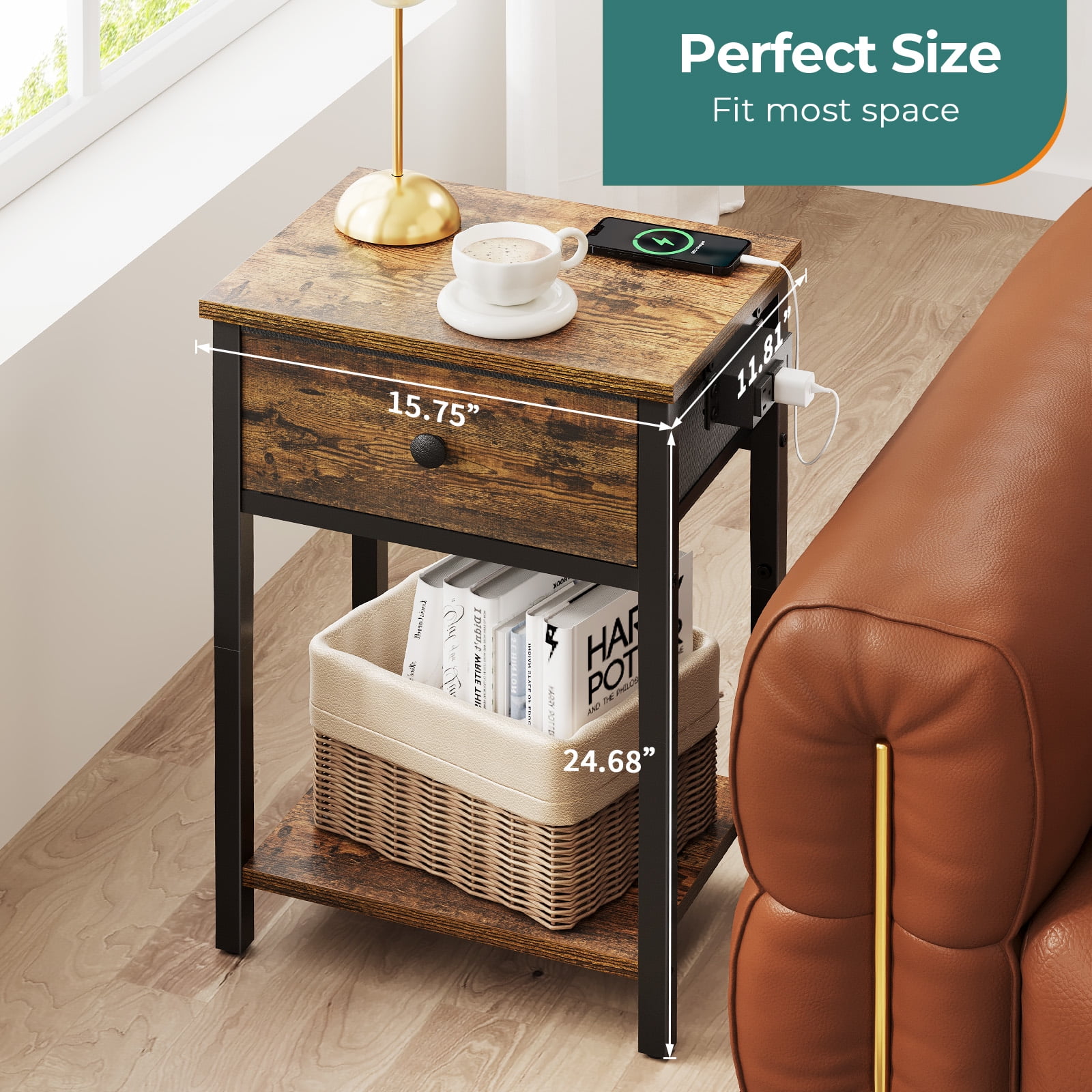 Yoobure Nightstand with Charging Station, Side Table with Large Drawer and Storage Shelf, Rustic Bedside Tables with USB Ports & Outlets for Bedroom,Living Room - Image 7