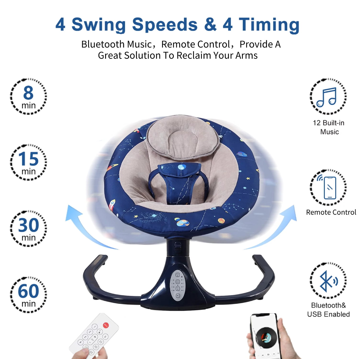 JOJOLAM Electric Baby Swing, Infant Bouncer Chair with Bluetooth Music, 3 Gear Adjustable Seat, 12 Lullabies, 4 Speeds, 4 Timing Set, Blue - Image 9
