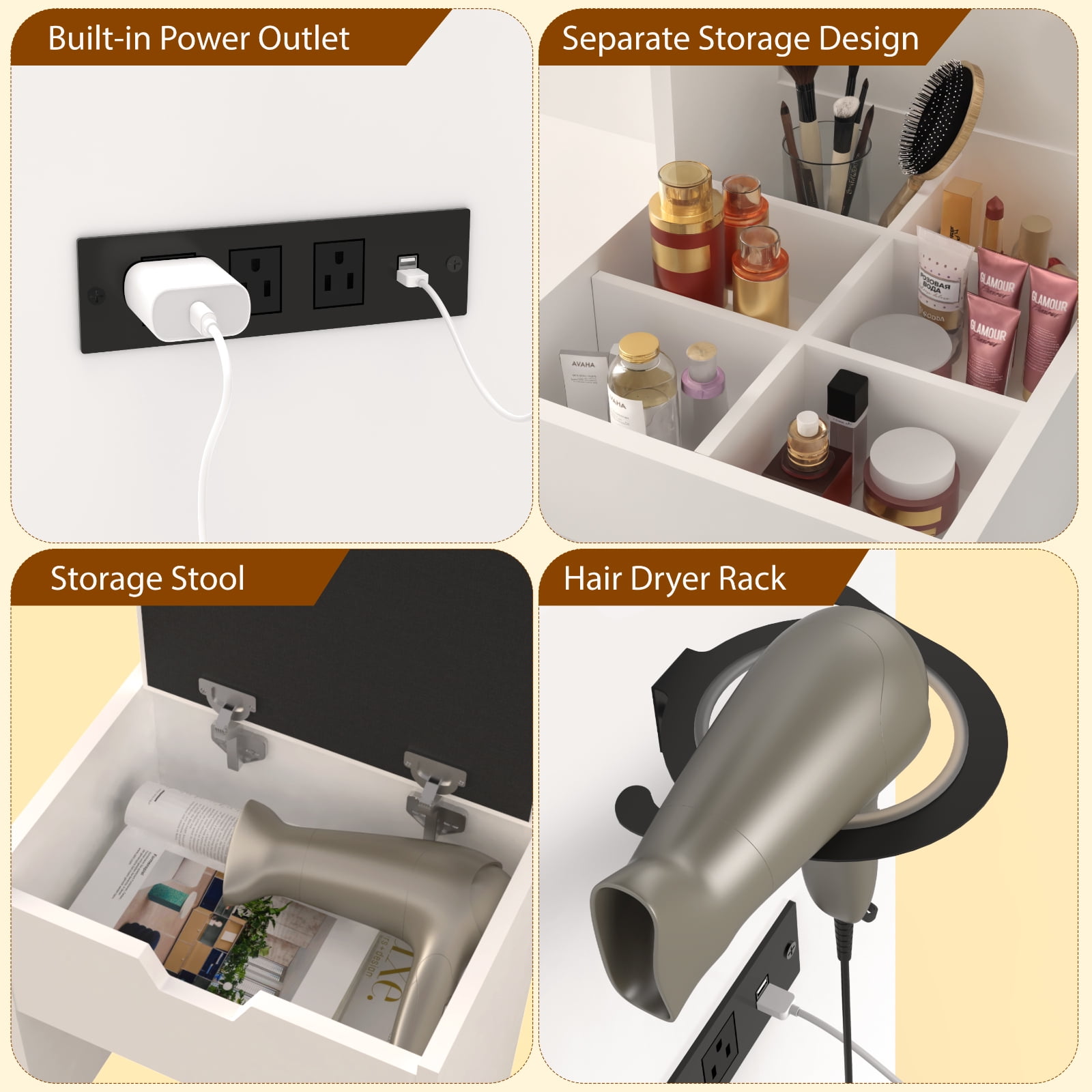 Vanity Table Set with Mirrors and Adjustable Lights ,Makeup vanity With Power Outlet for Bedroom Dressing Room,White - Image 5