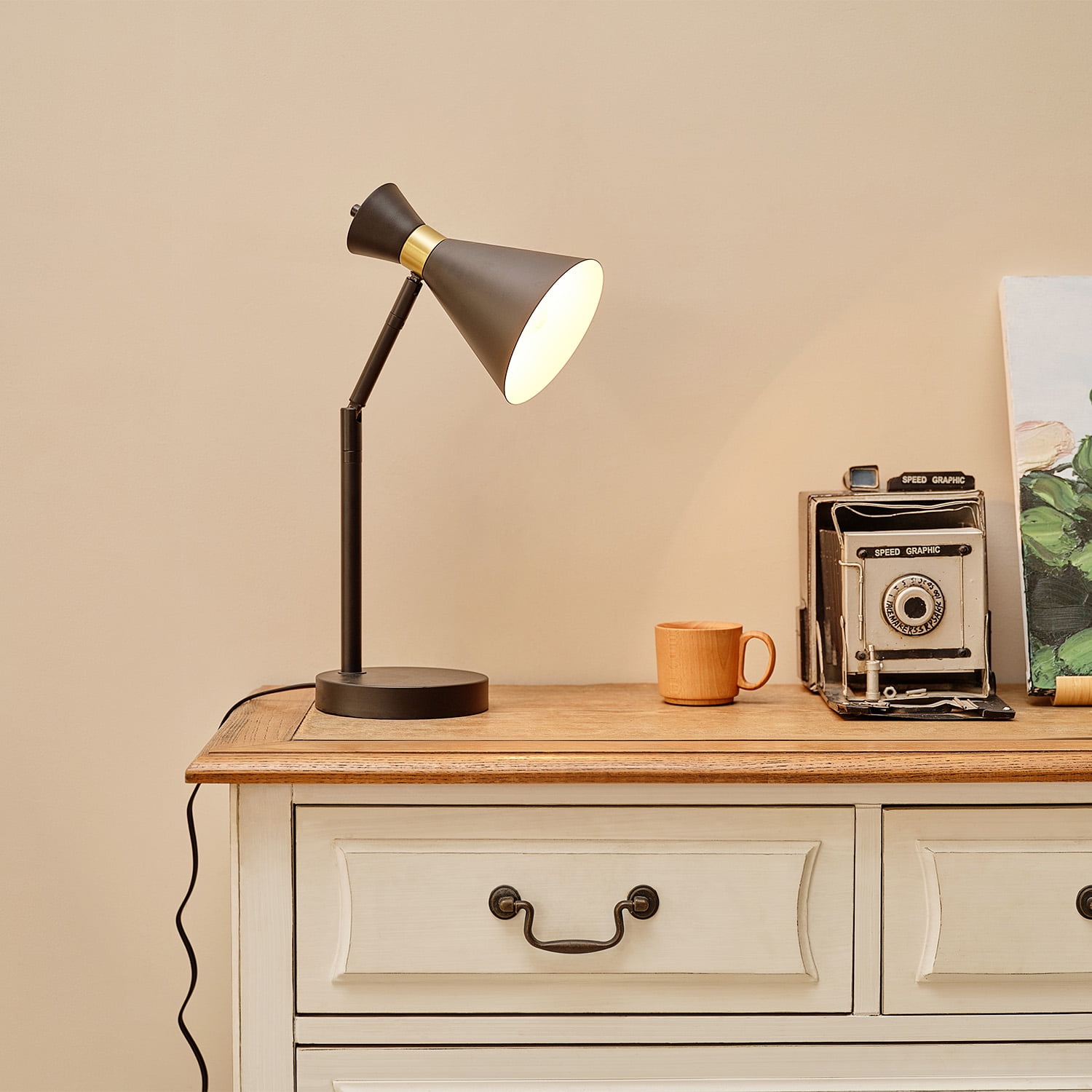 16" Matte Black Desk Lamp with Matte Brass Accents and Metal Shade - Image 6