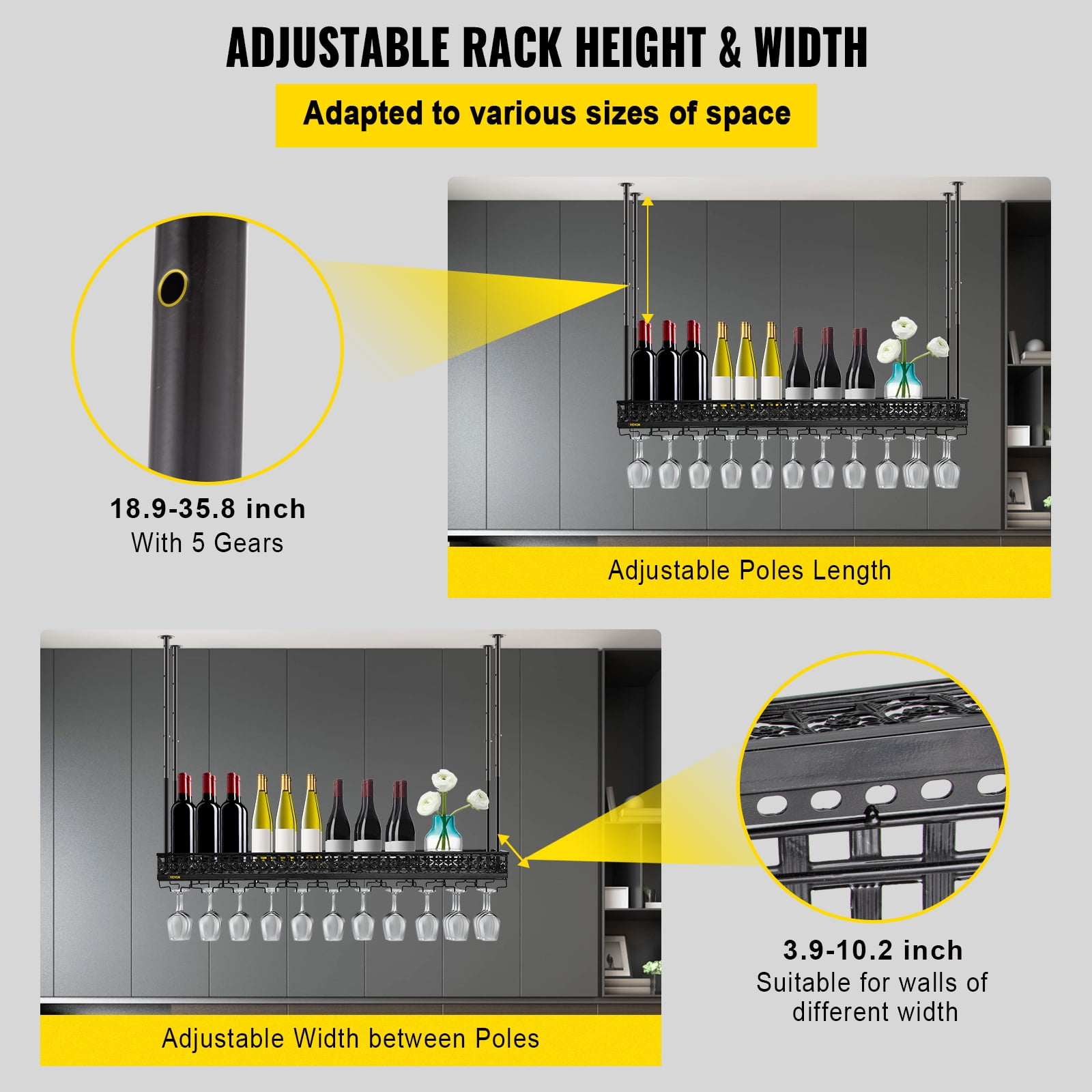 VEVOR Ceiling Wine Glass Rack, 46.9 x 13 inch Hanging Wine Glass Rack, 18.9-35.8 inch Height Adjustable Hanging Wine Rack Cabinet, Black Wall-Mounted Wine Glass Rack Perfect for Bar Cafe Kitchen - Image 6