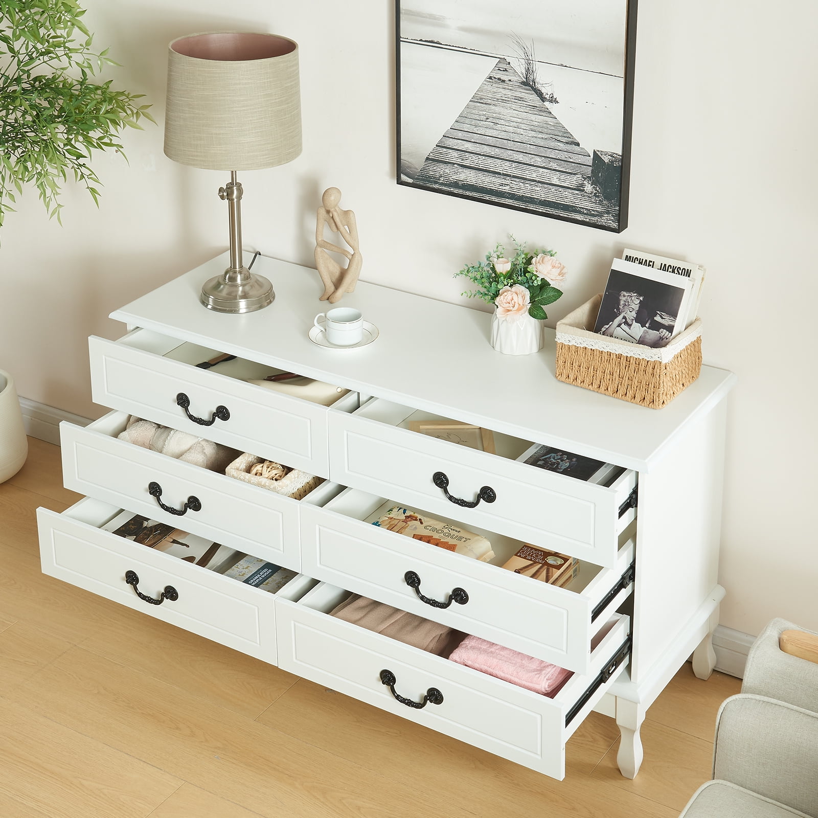 Yamissi 6-Drawer Double Dresser for Bedroom, Modern White Dresser w/ Metal Handles, Chest of Drawers Storage - Image 7