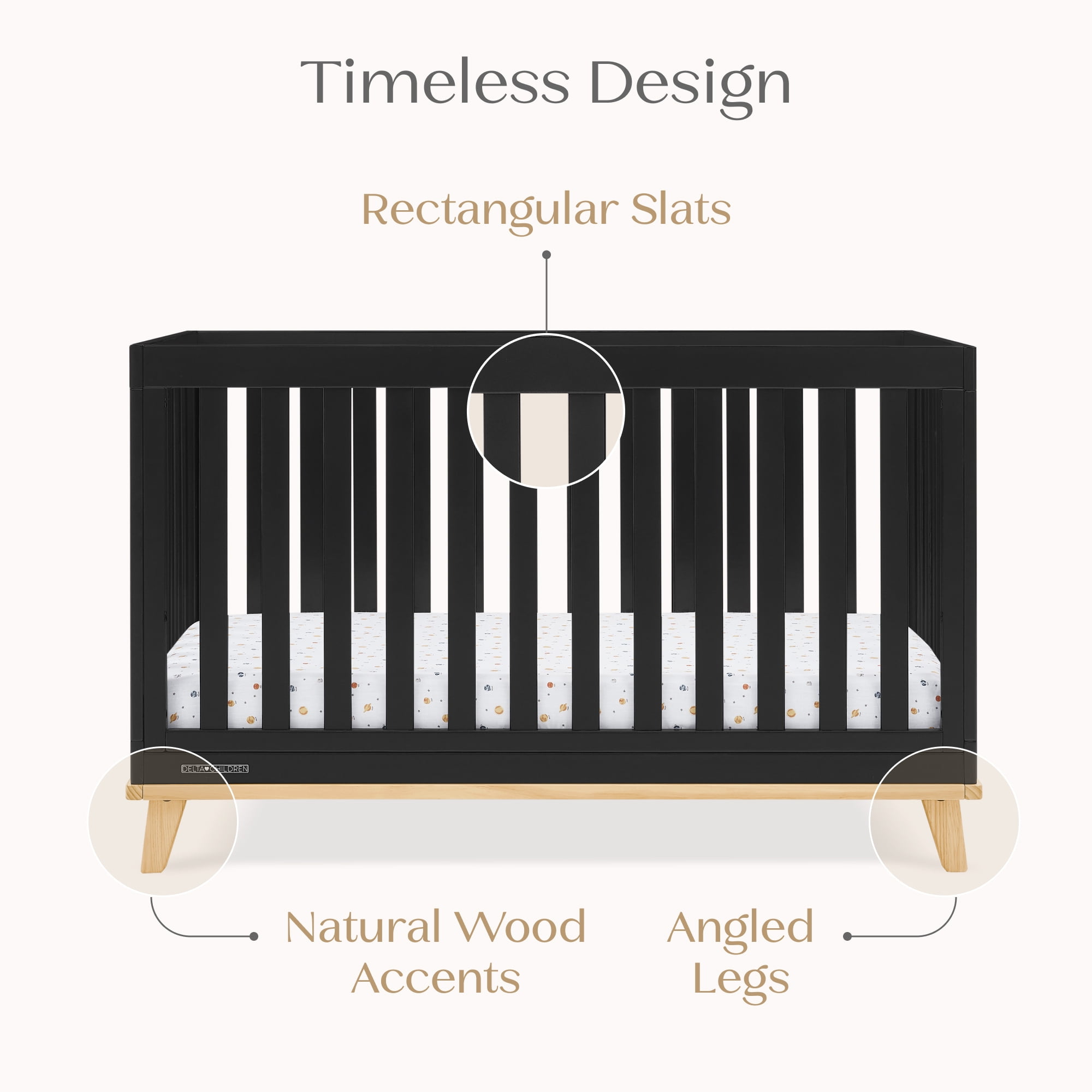 Delta Children Frankie 4-in-1 Convertible Crib - Greenguard Gold Certified, Black with Natural - Image 5