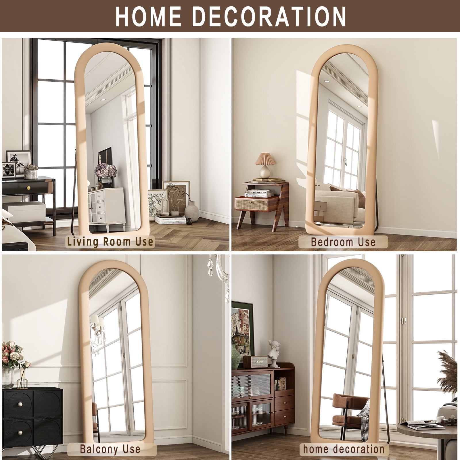 Anyrose 63"x24" Arch-Top Floor Mirror Round-Edge With Thick Flannel Frame, Light Brown - Image 4
