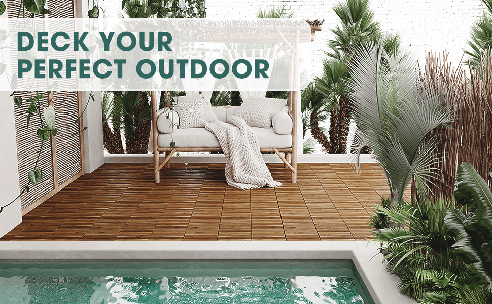 10 Pack Waterproof Interlocking Deck Tiles - Golden Teak - 6 Slats - 12 x 12 x 0.9 in. - Image 3