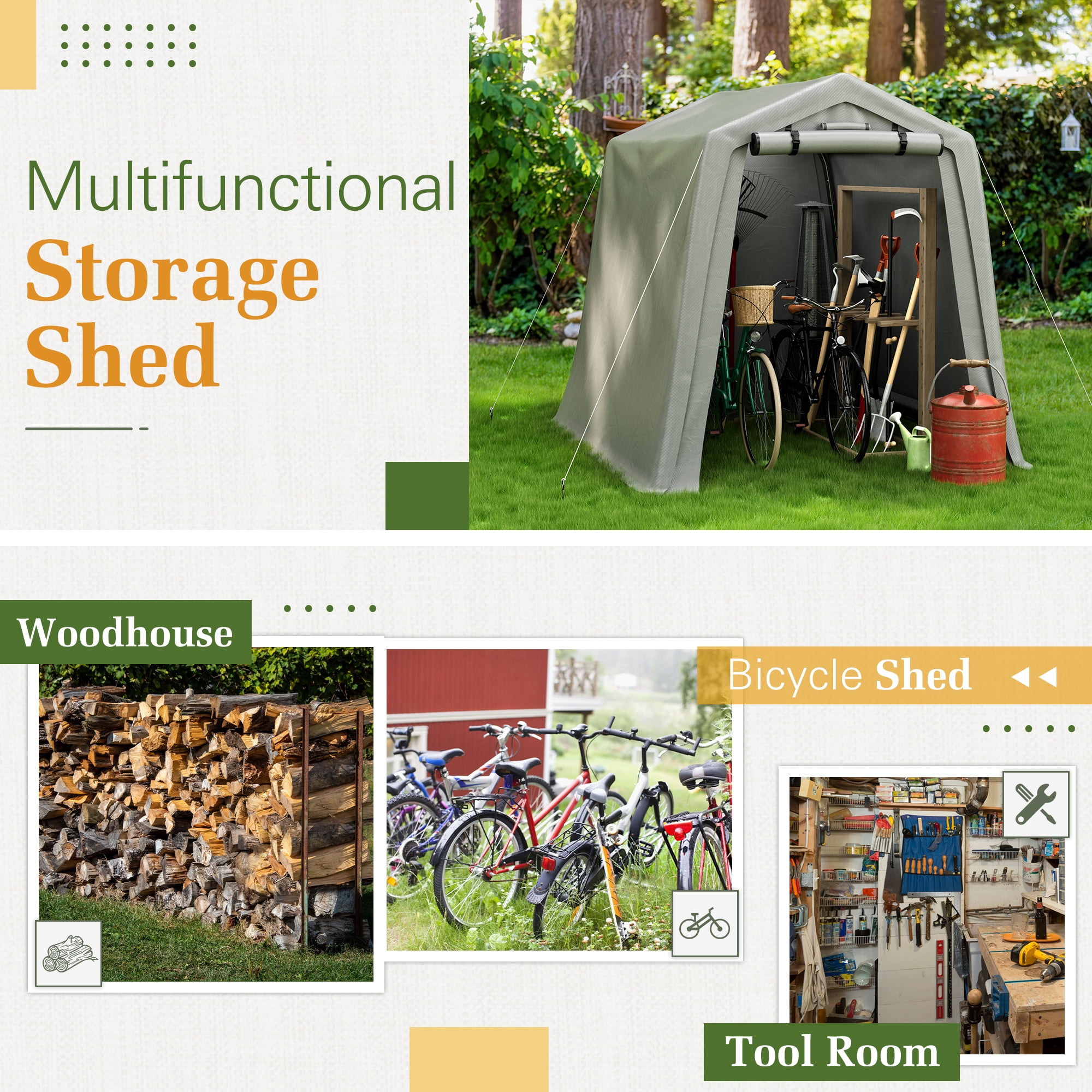 Vineego Outdoor Storage Shed 6 x 6 ft Canopy Portable Shelter Heavy Duty Carport with Roll-up Zipper Door for Bike, Motorcycle, Garden Storage, Gray - Image 5