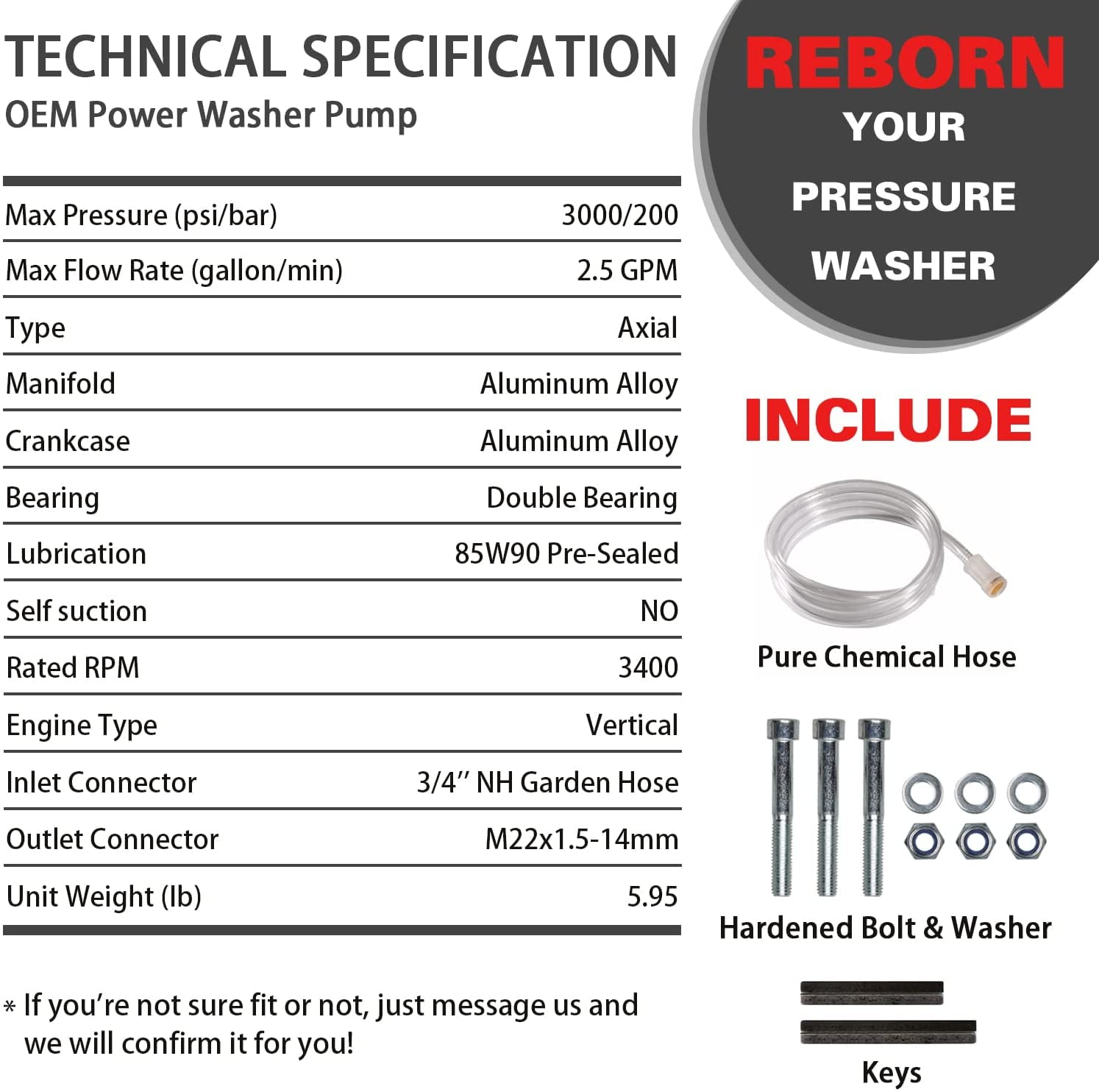 YAMATIC Vertical Pressure Washer Pump 3000 PSI @ 2.5 GPM OEM & Replacement Pump for Power Washer Compatible with 308653045, 308653093, 308653052, 308653078, GCV190 Rear Inlet/Outlet - Image 6