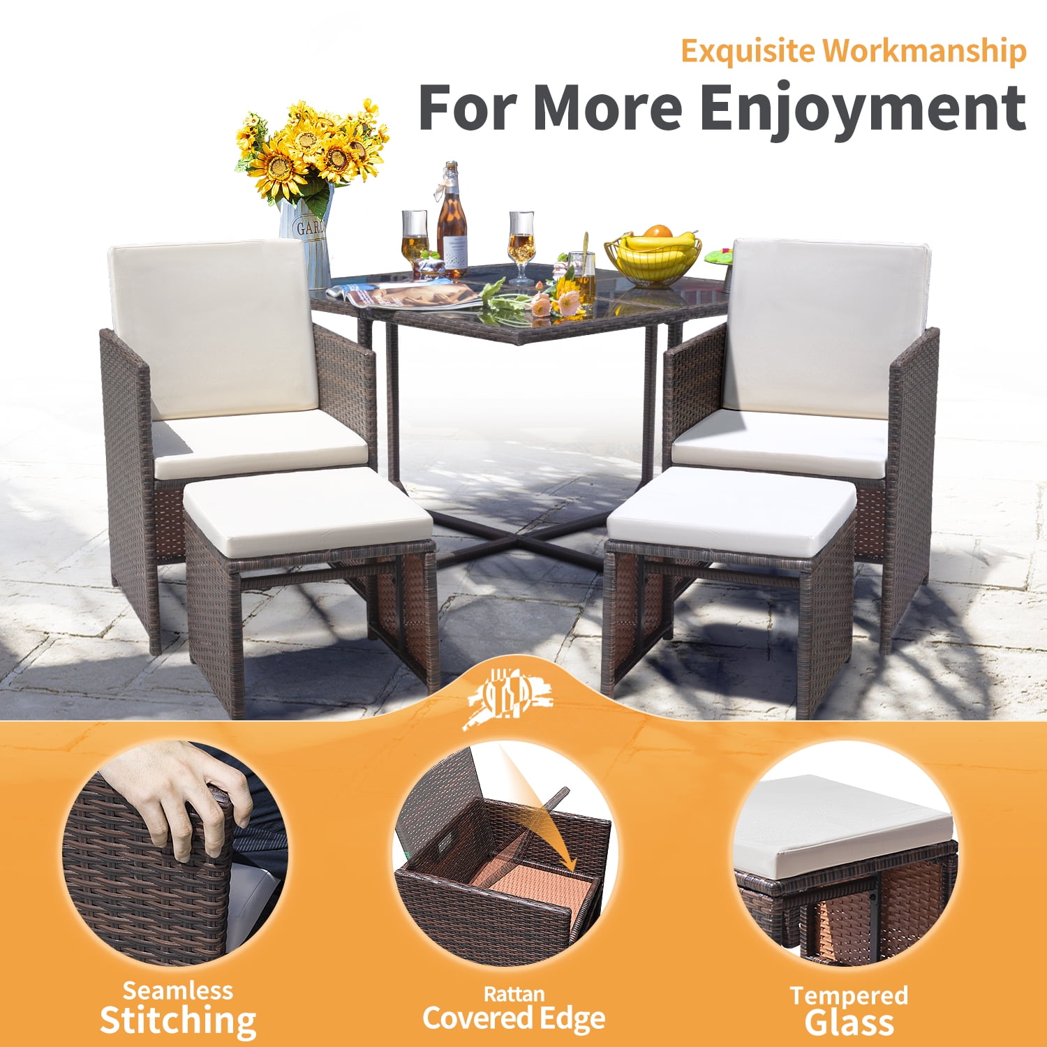 Lacoo 9 Pieces Patio Dining Sets Tempered Glass Table Cushioned Chairs with Ottoman 8 Seating Capacity, Beige - Image 4