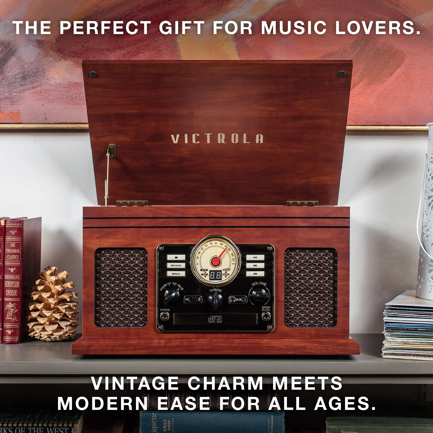 Victrola 6-in-1 Nostalgic Bluetooth Record Player with 3-Speed Turntable with CD and Cassette, Maghony - Image 3