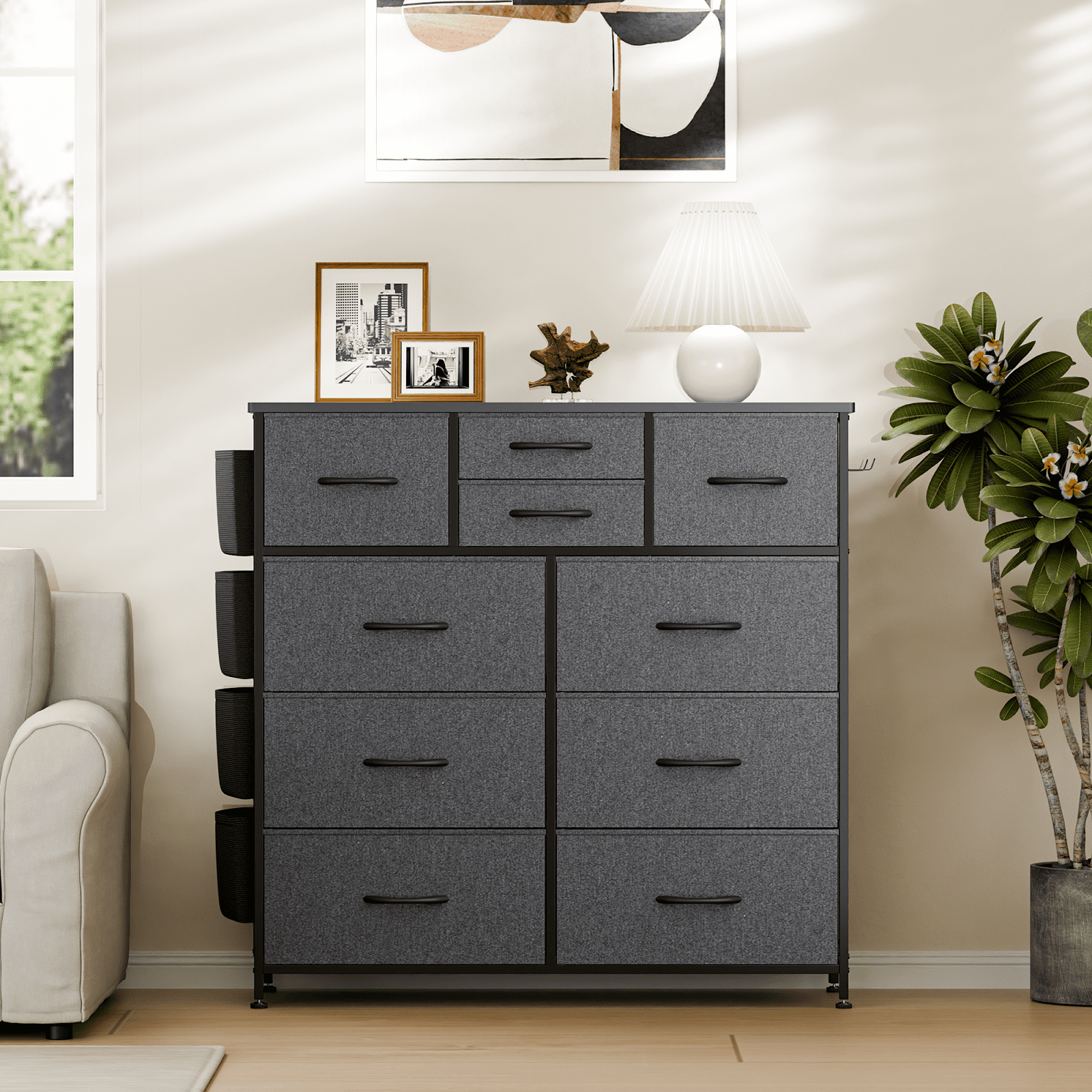 Aowos 10 Drawer Dresser, Chest of Drawers Dressers for Bedroom with 4 Side Pockets and 2 Hooks, Dark Grey - Image 7