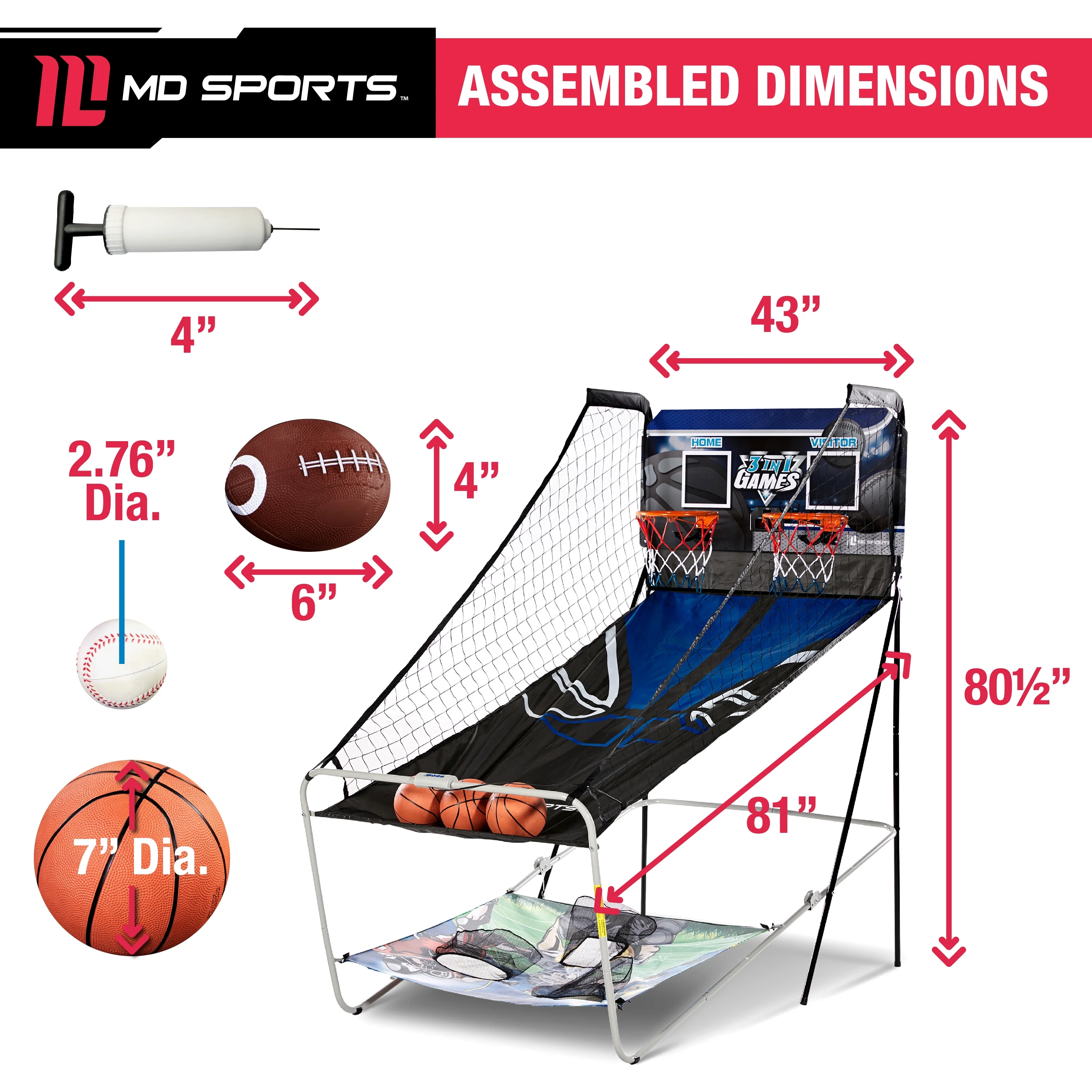 3-in-1 Arcade Basketball Combo Game, Football Baseball Indoor Sports Game with LED Electronic Scoring, by MD Sports - Image 8