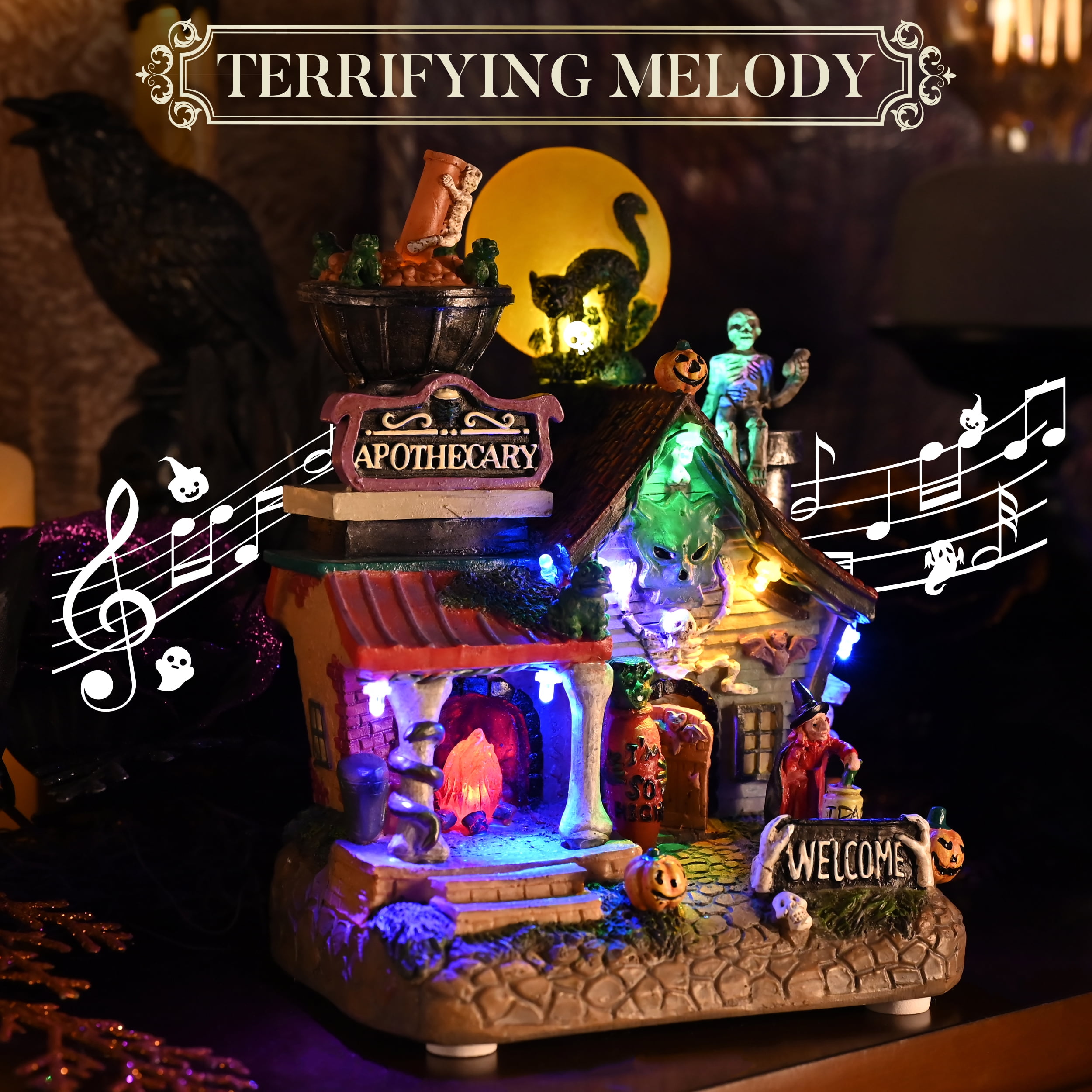 Valery Madelyn 8.08 inches Halloween Village Halloween Apothecary Haunted House Decoration with Black Cat, Skeleton, Pumpkins, Witch and Music, Lighted Halloween Village for Spooky Party Decor - Image 3