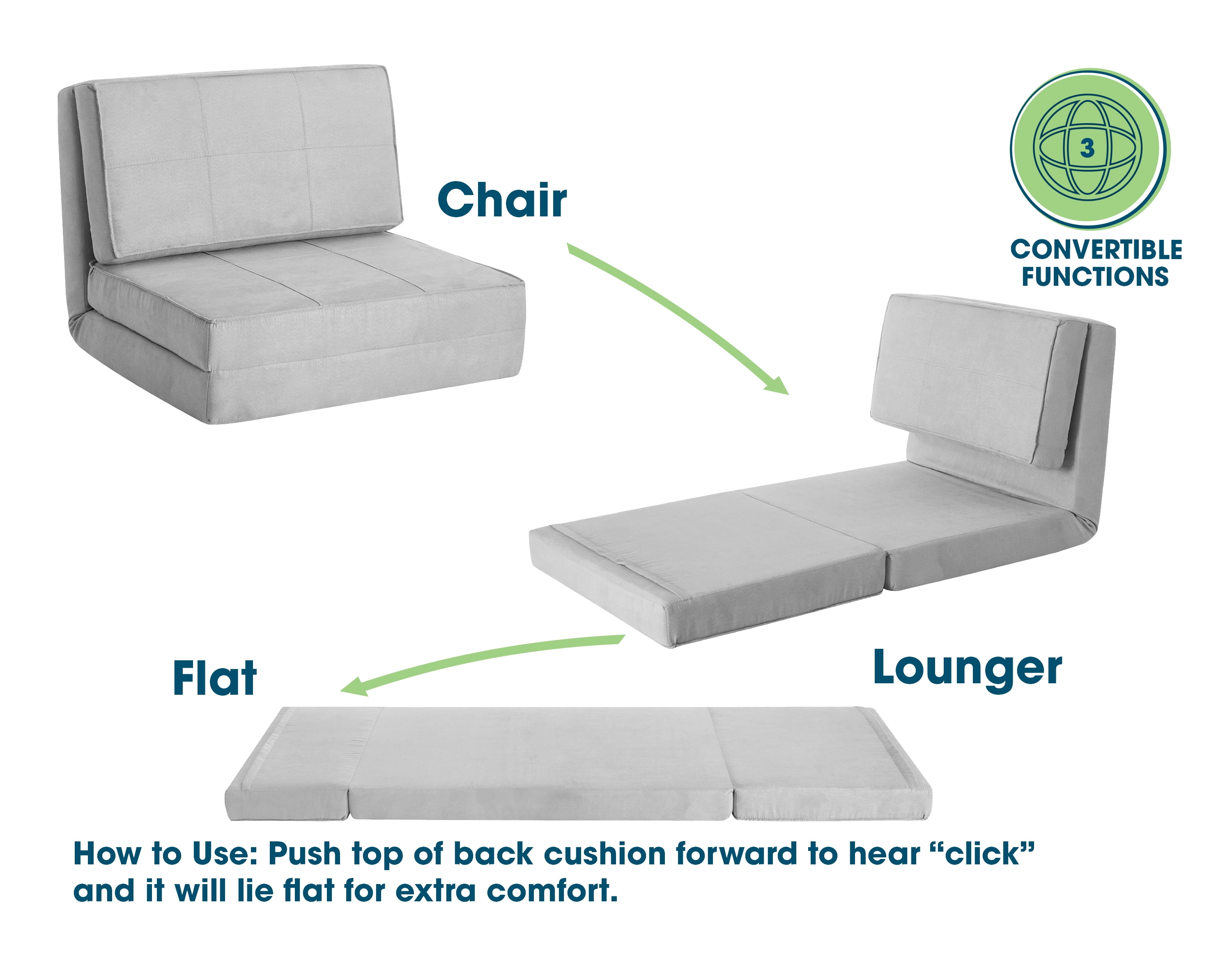 Your Zone Ultra Soft Suede 3 Position Convertible Lounge Flip Chair, Silver - Image 6