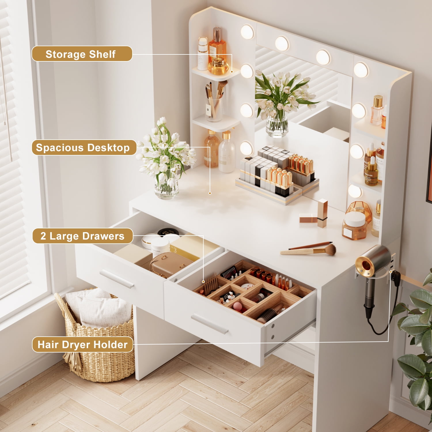 Vineego Makeup Vanity Desk with Lighted Mirror & Power Outlet, Makeup Vanity with 2 Drawers,White - Image 9