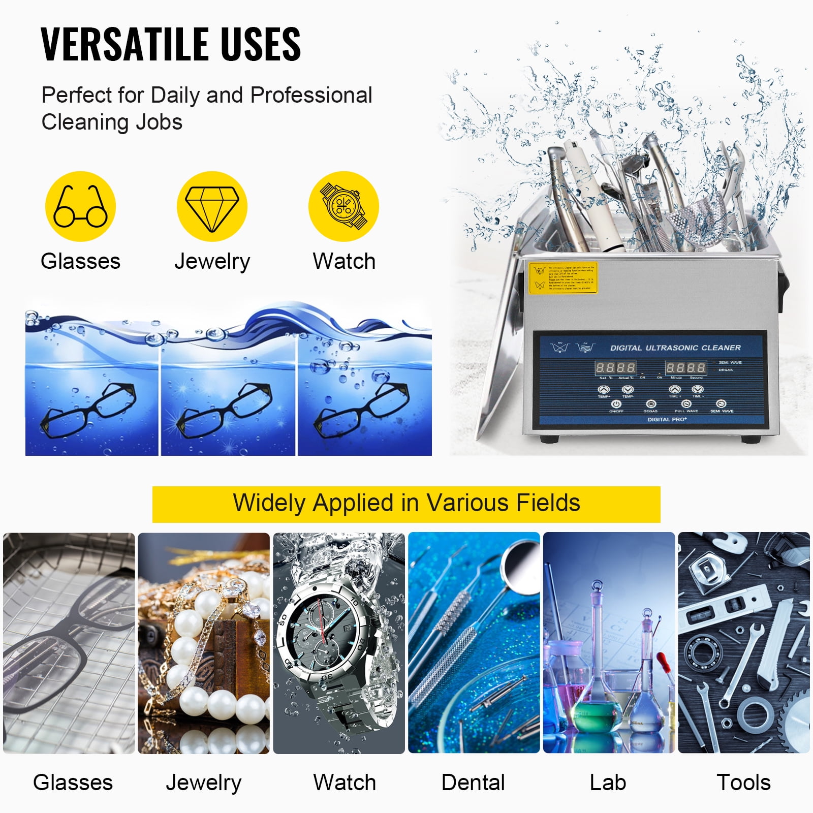 VEVOR 6L Ultrasonic Cleaner 28/40khz Dual Frequency Ultrasonic Cleaner Stainless Steel Digital Lab Ultrasonic Cleaner with Heater Timer for Watch Glasses Small Parts Dental Instruments Cleaning - Image 8