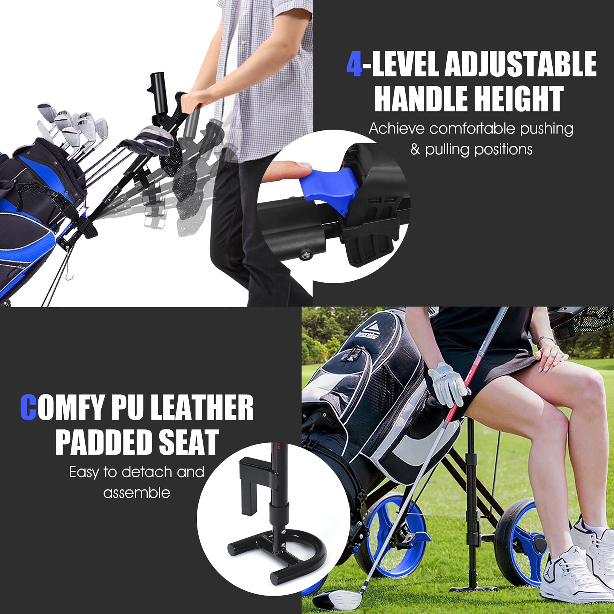 Foldable 3 Wheel Push Pull Golf Club Cart Trolley w/Seat Scoreboard Bag Blue - Image 8